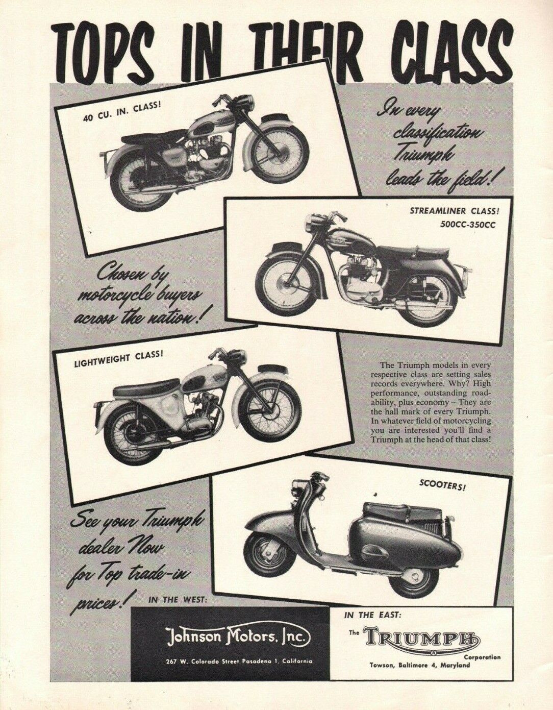 1959 Triumph \'\'Tops in Their Class\'\' - Vintage Motorcycle Ad