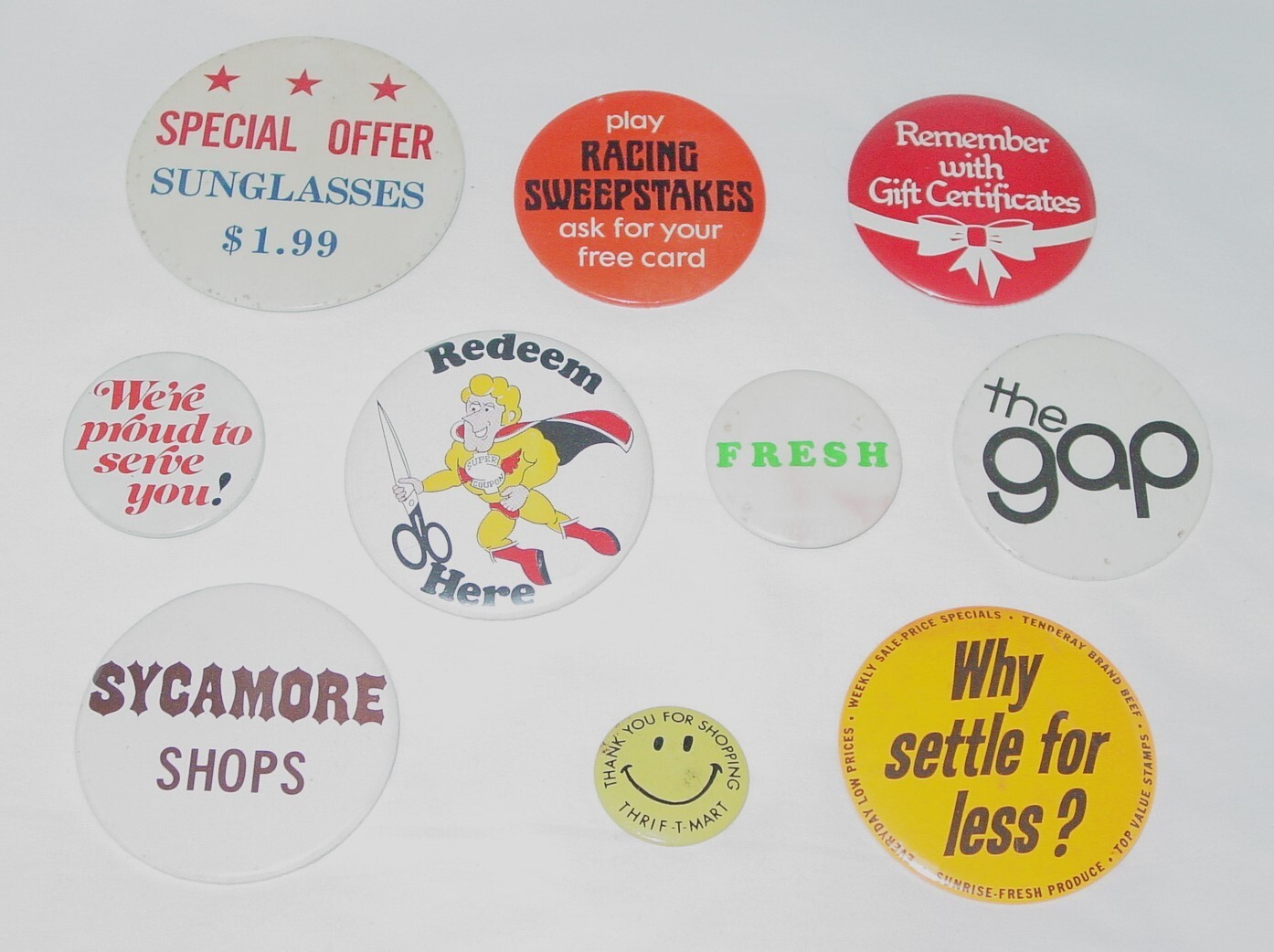 10 VINTAGE 1960\'s-70\'s STORE / RETAIL / PROMOTION BUTTONS - 1 3/4\