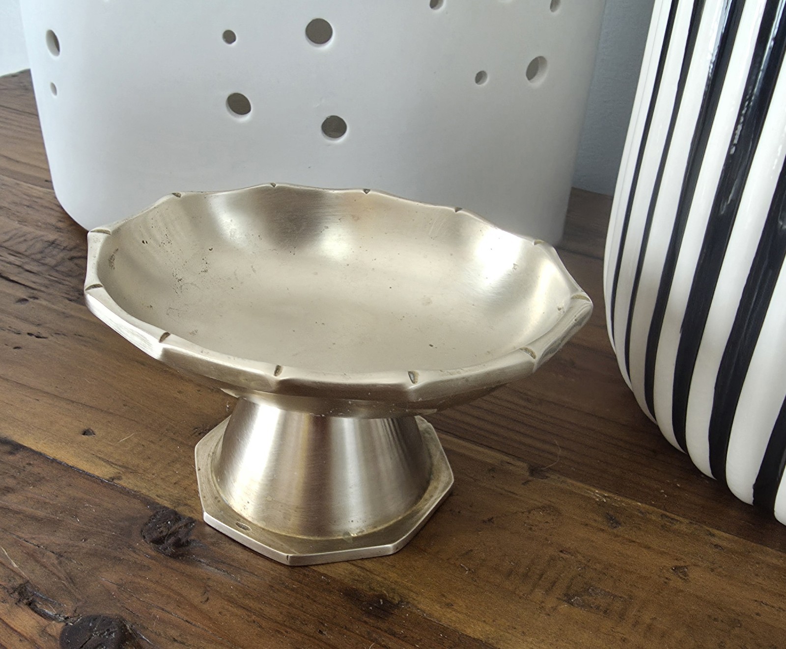 Vintage Brass Hollywood Regency Pedestal Bowl with Faux Bamboo Rim