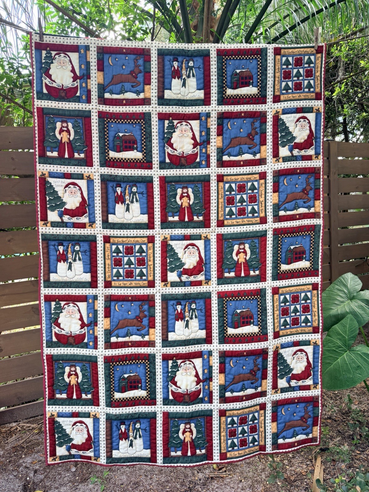 Vintage Handmade Christmas Patchwork Quilt 70x42 Folk Art Santa Angel Country