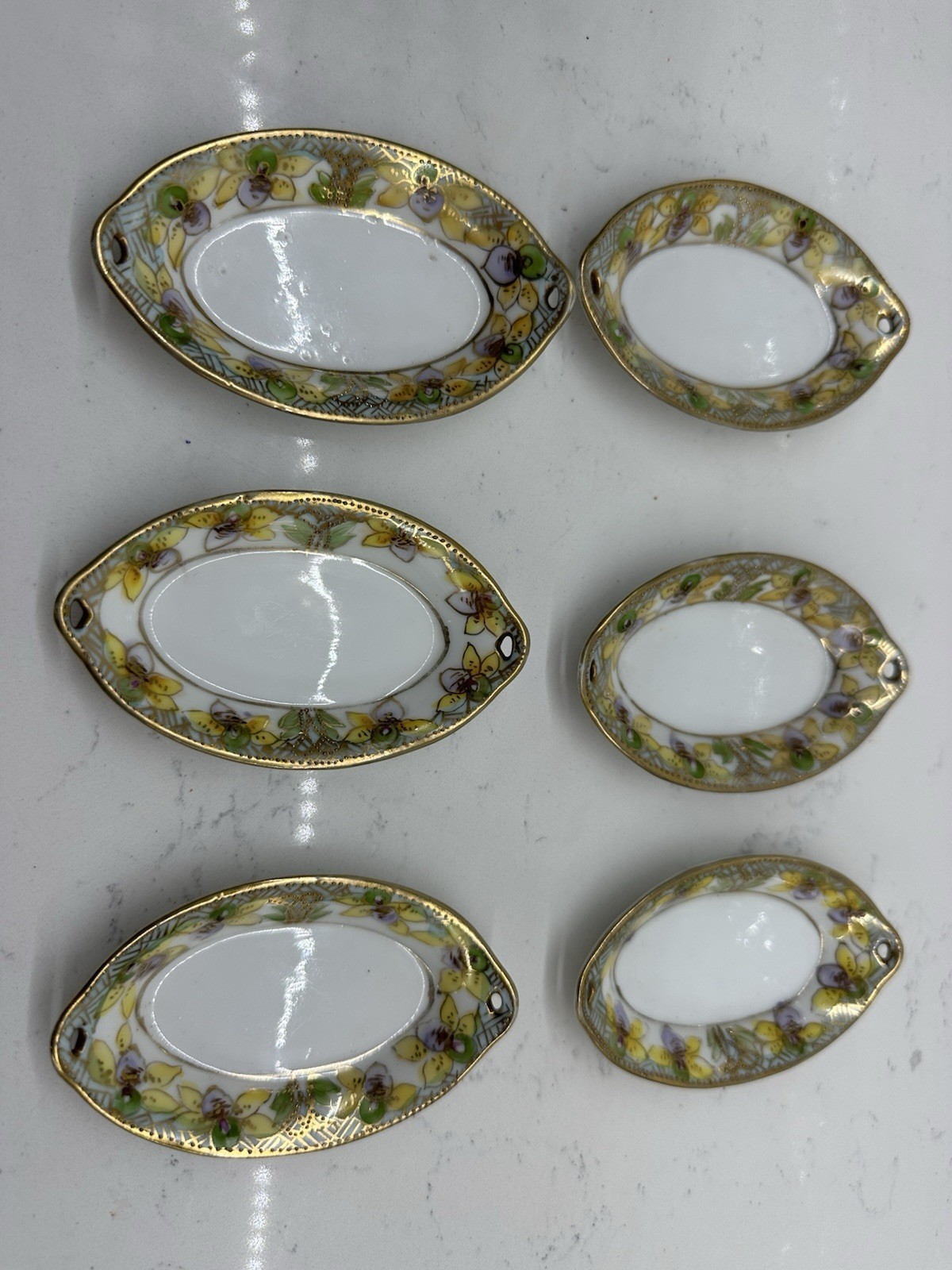 Antique Nippon Hand-Painted Porcelain Salt Sellers Dips Set Of Six Yellow Gold ￼