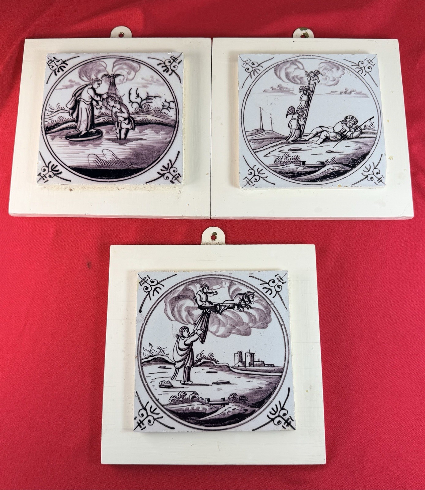 3 Antique 18thC Dutch Delft Biblical Tiles Manganese Purple Oxhead Framed Tile