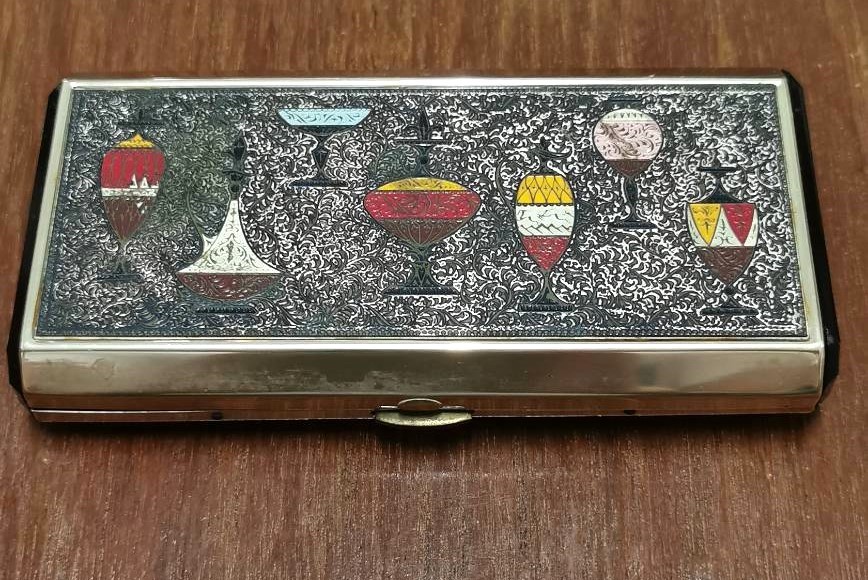 Vintage Enamel Metal Musical Compact and Mirror Pill Box