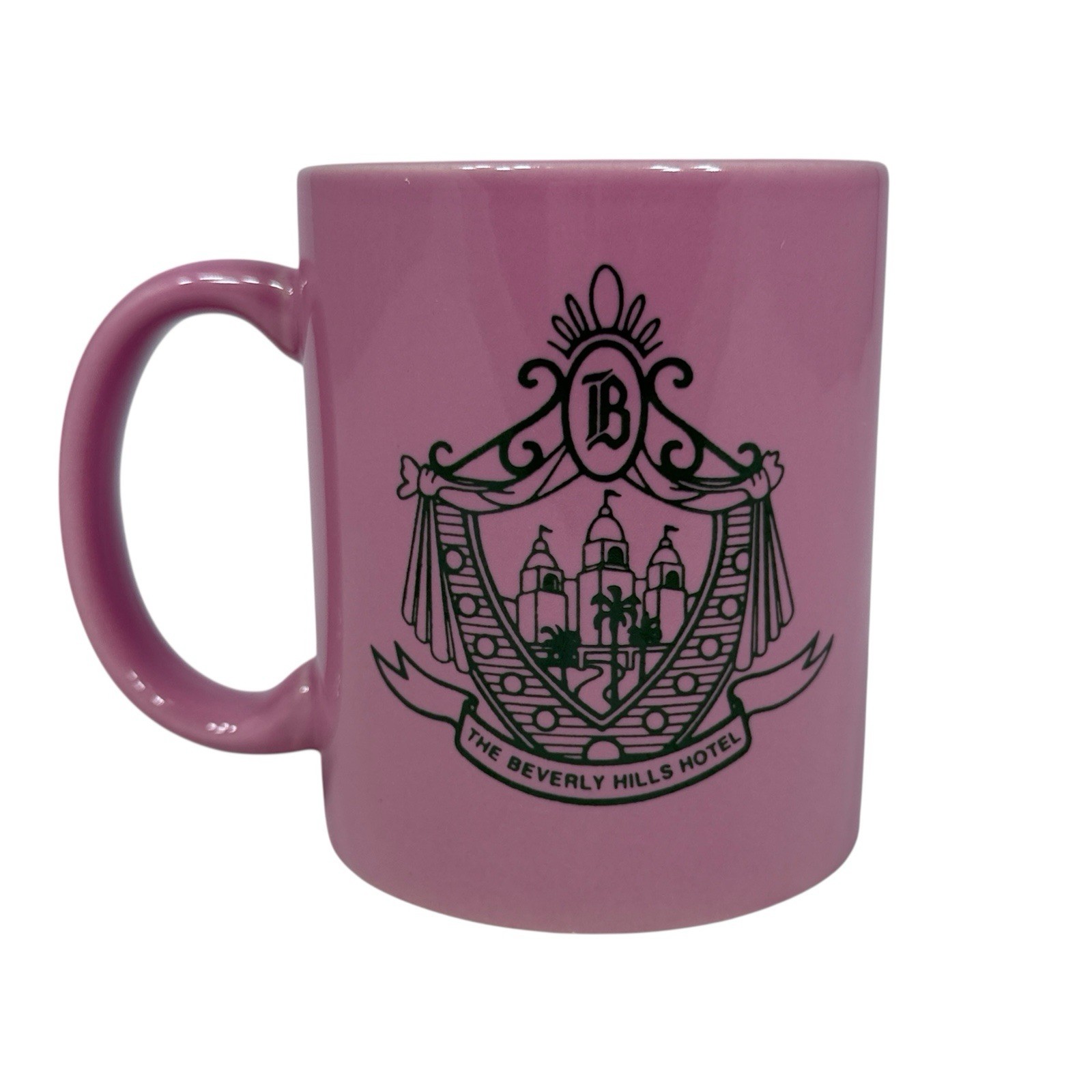 Vintage The Beverly Hills Hotel Pink Mug Cup Green Logo Two Sides