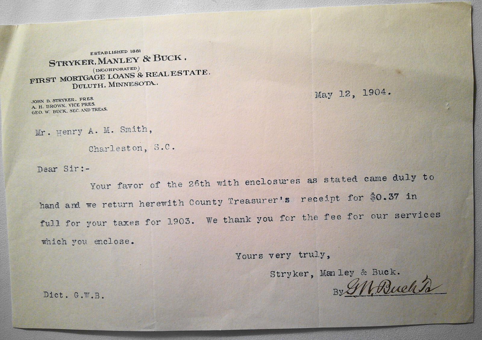 Stryker, Manley & Buck Mortgage Loans & Real Estate, Duluth Minnesota Letter