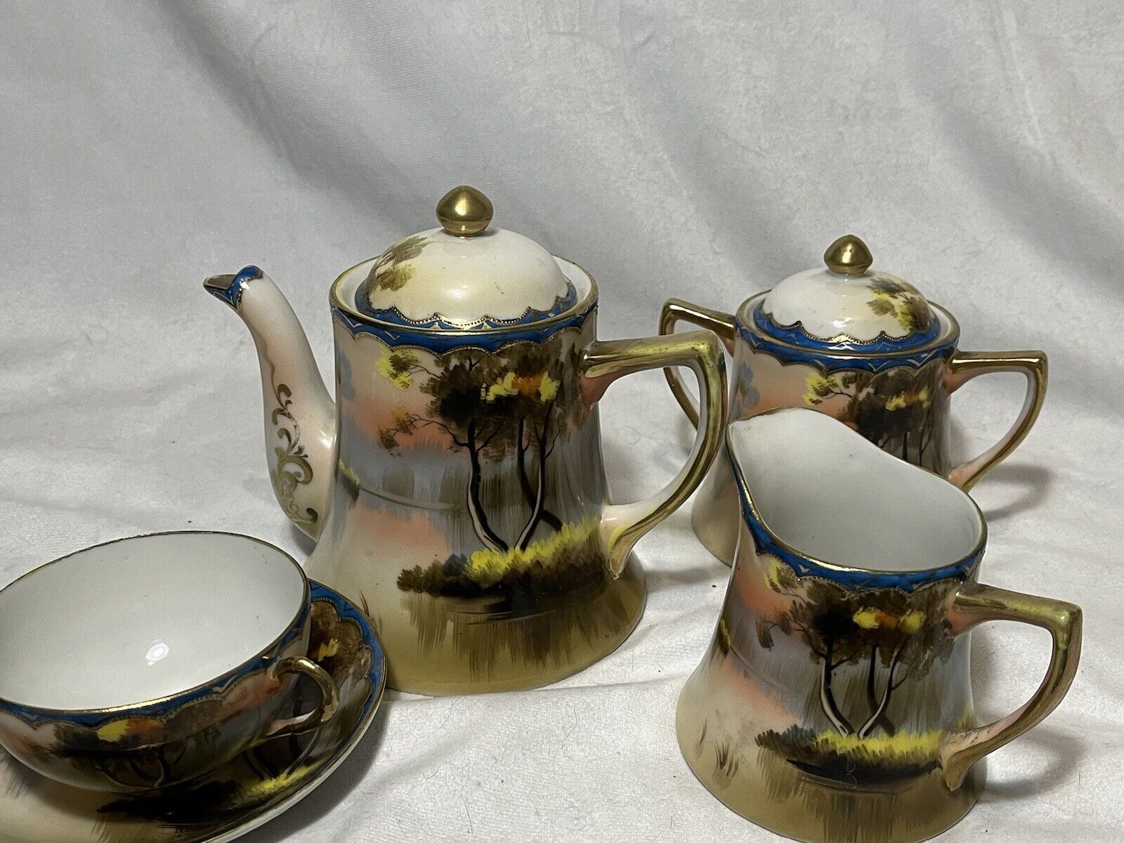 Vintage Nippon Porcelain Hand-Painted Tea Set with Landscaping (Set of 5)
