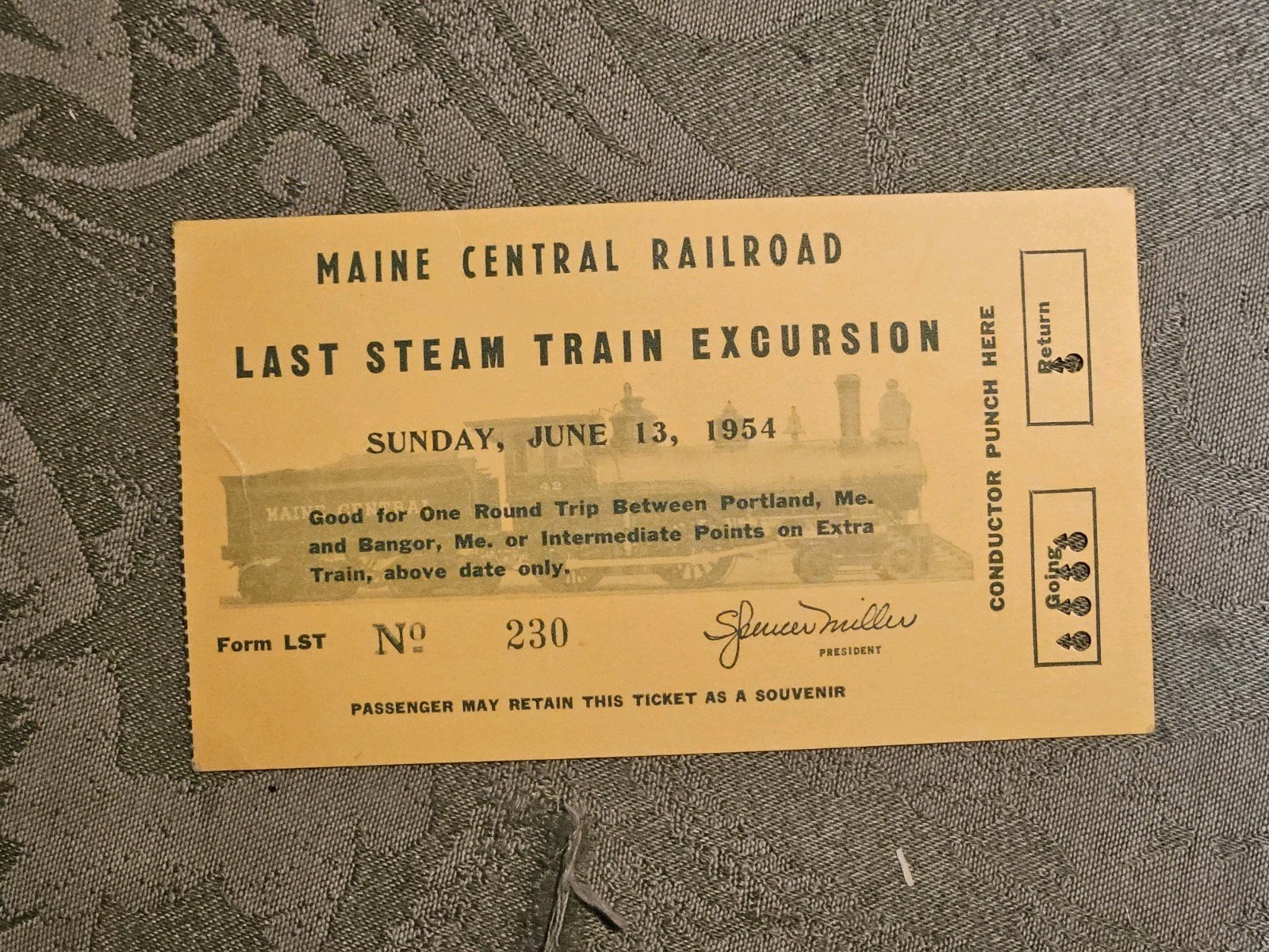 1954 Maine Central Railroad LAST STEAM TRAIN EXCURSION  Ticket # 230 STAMPED 