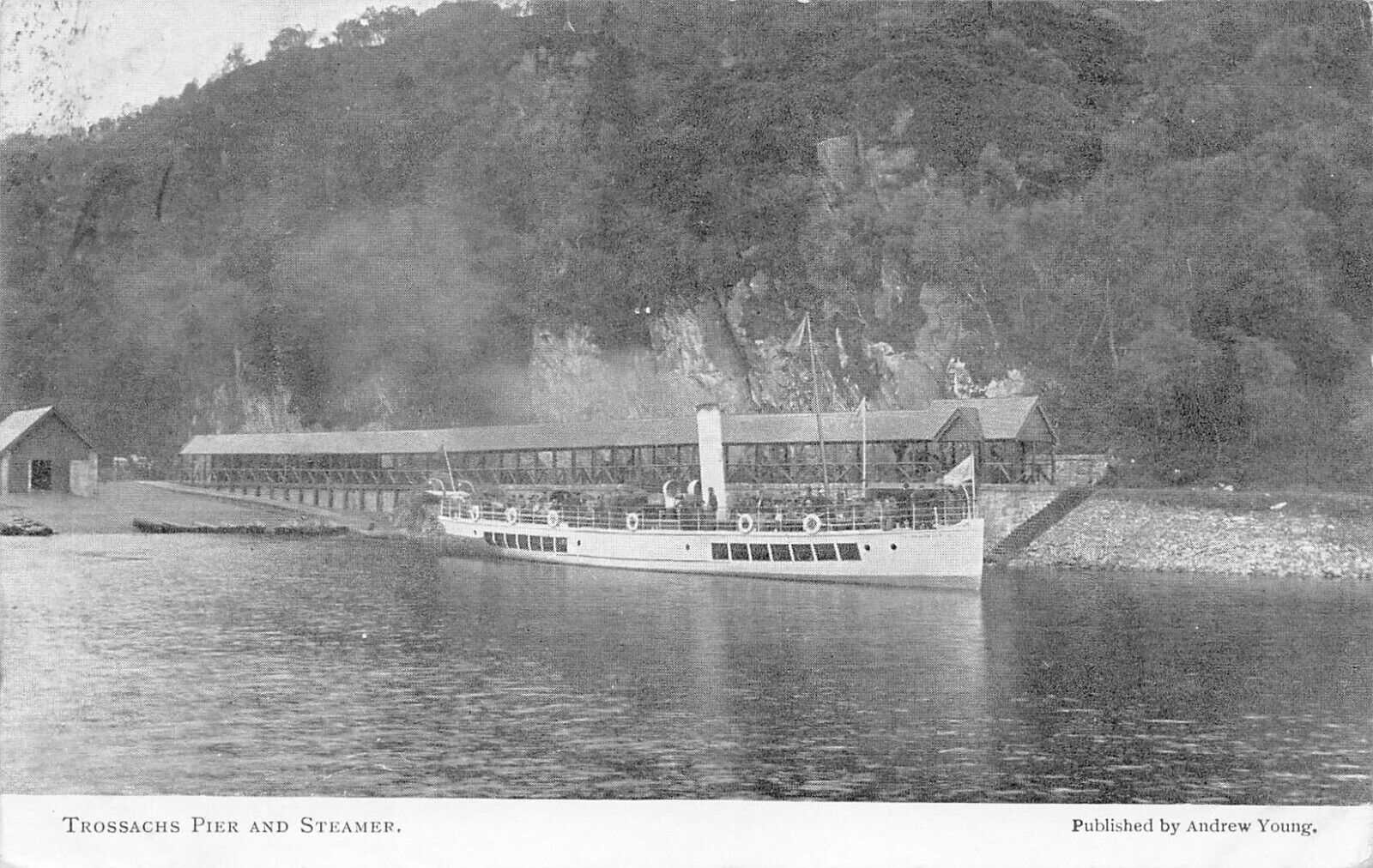 Trossachs Pier and Steamer, Trossachs, Scotland, 1905 postcard, used 