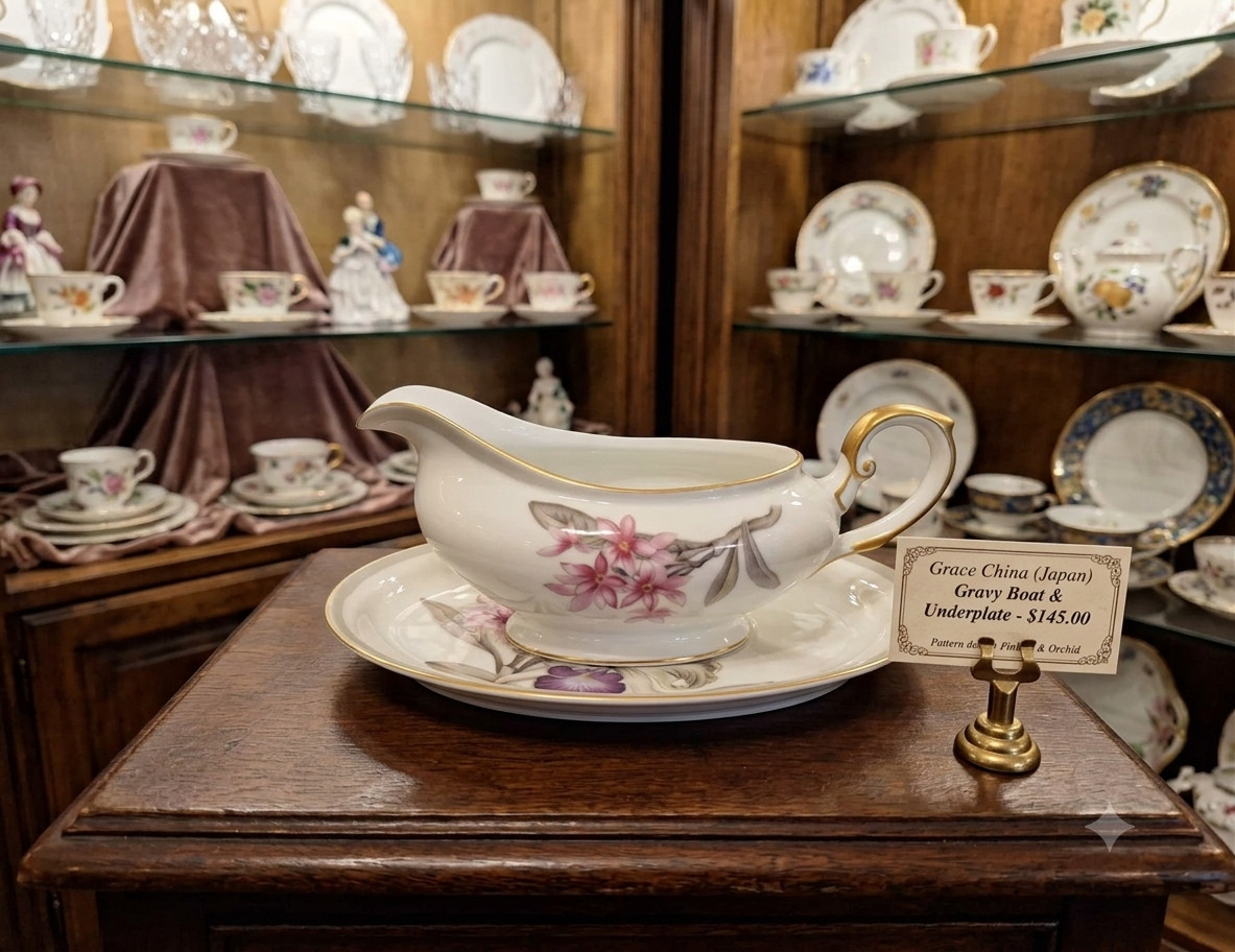 Vintage Grace China Japan Charleston Orchid Gold Trim Gravy Boat and Underplate