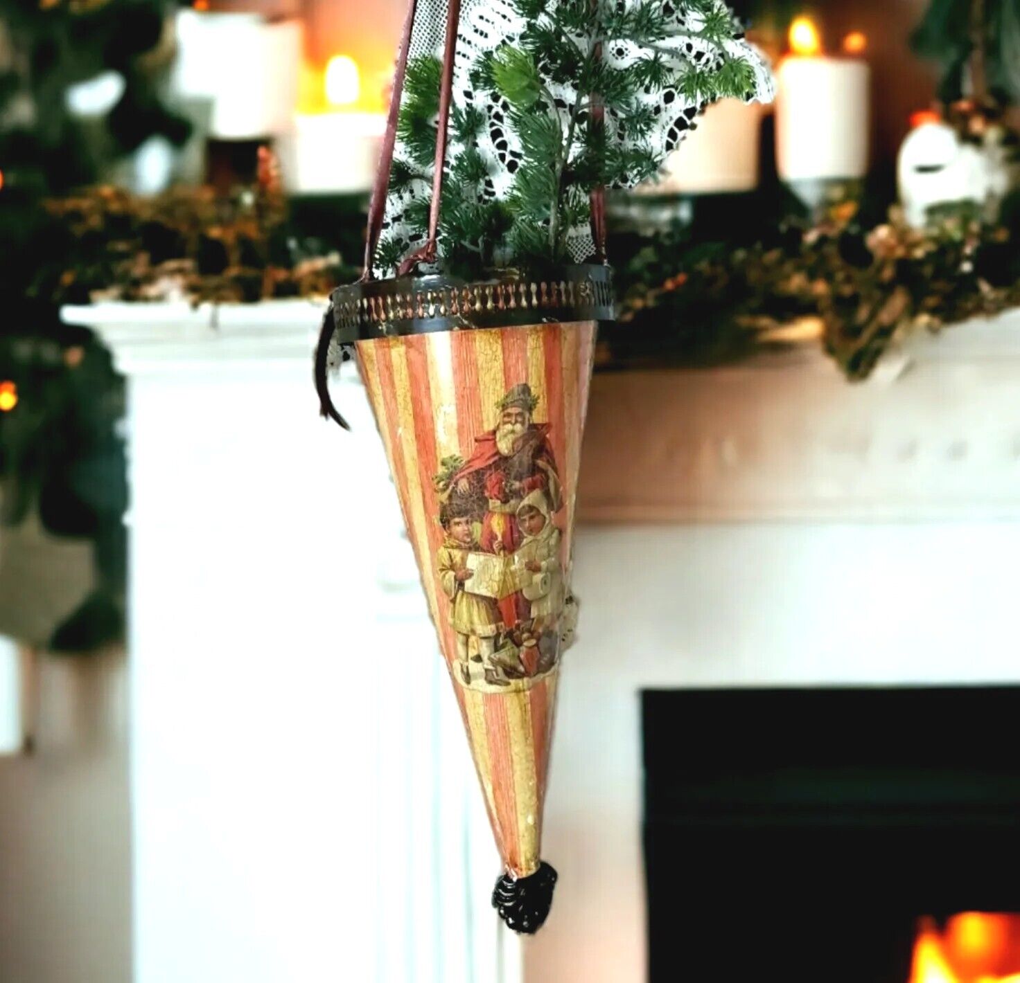 Vintage Tin Hanging Christmas Cornucopia Cone Victorian style St Nicholas