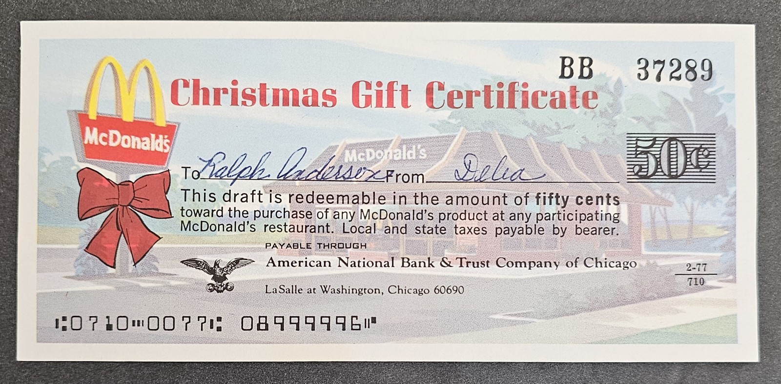 Vintage 1970\'s Mcdonalds Christmas 50 Cent Gift Certificate RARE RED BOW edition