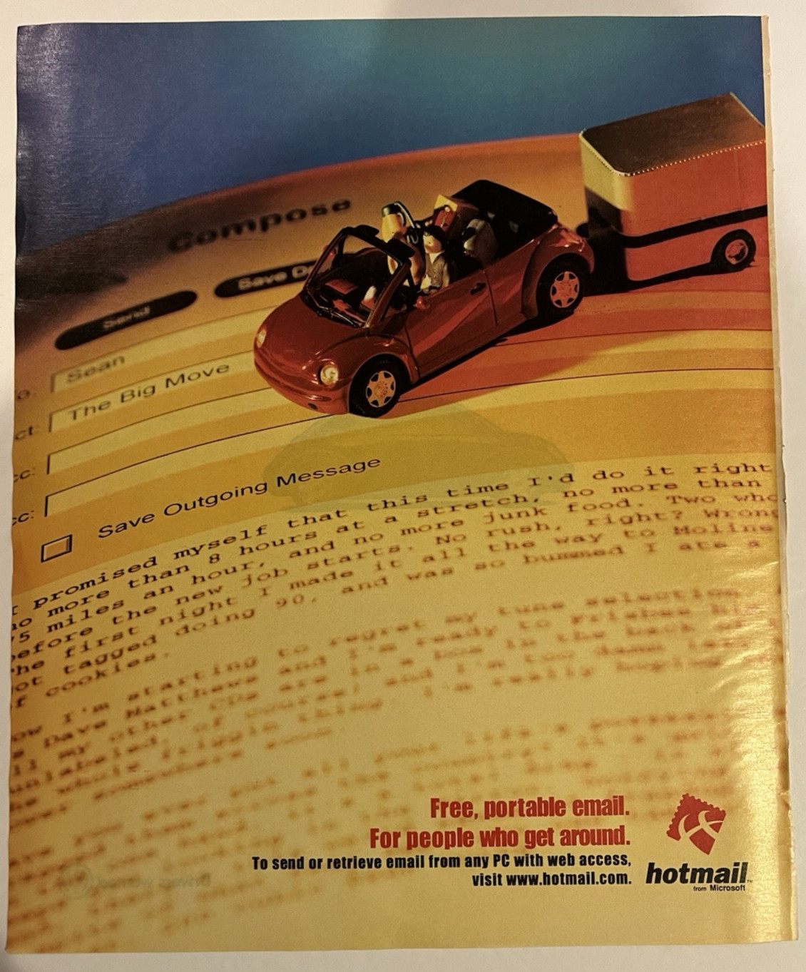 Vtg 1990s AD-Hotmail-Free, Portable Email for People Who Get Around-VW Beetle