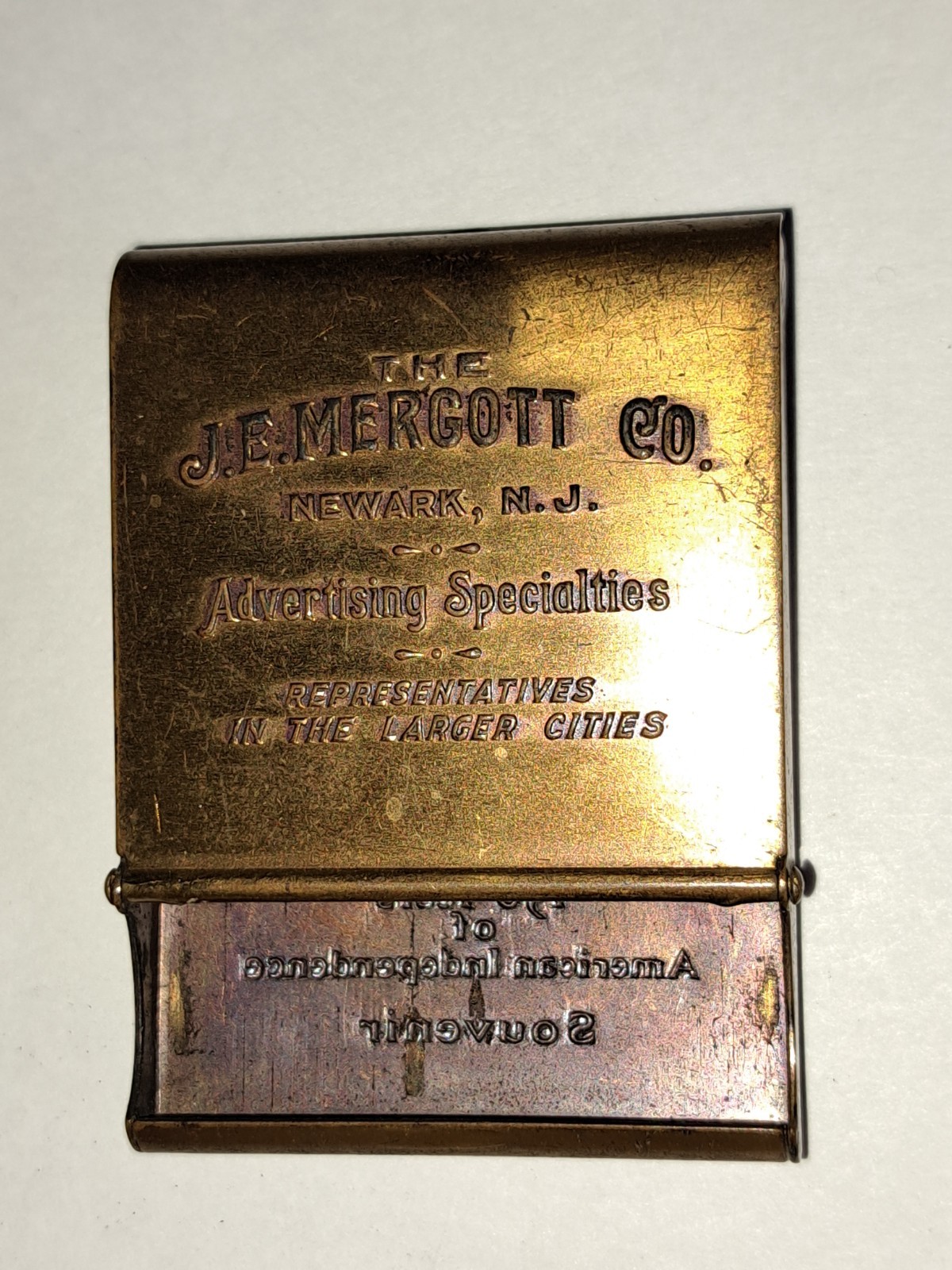 1926 J.E.Mergott Co Advertising Match Safe Sesqui-centennial Philadelphia Brass