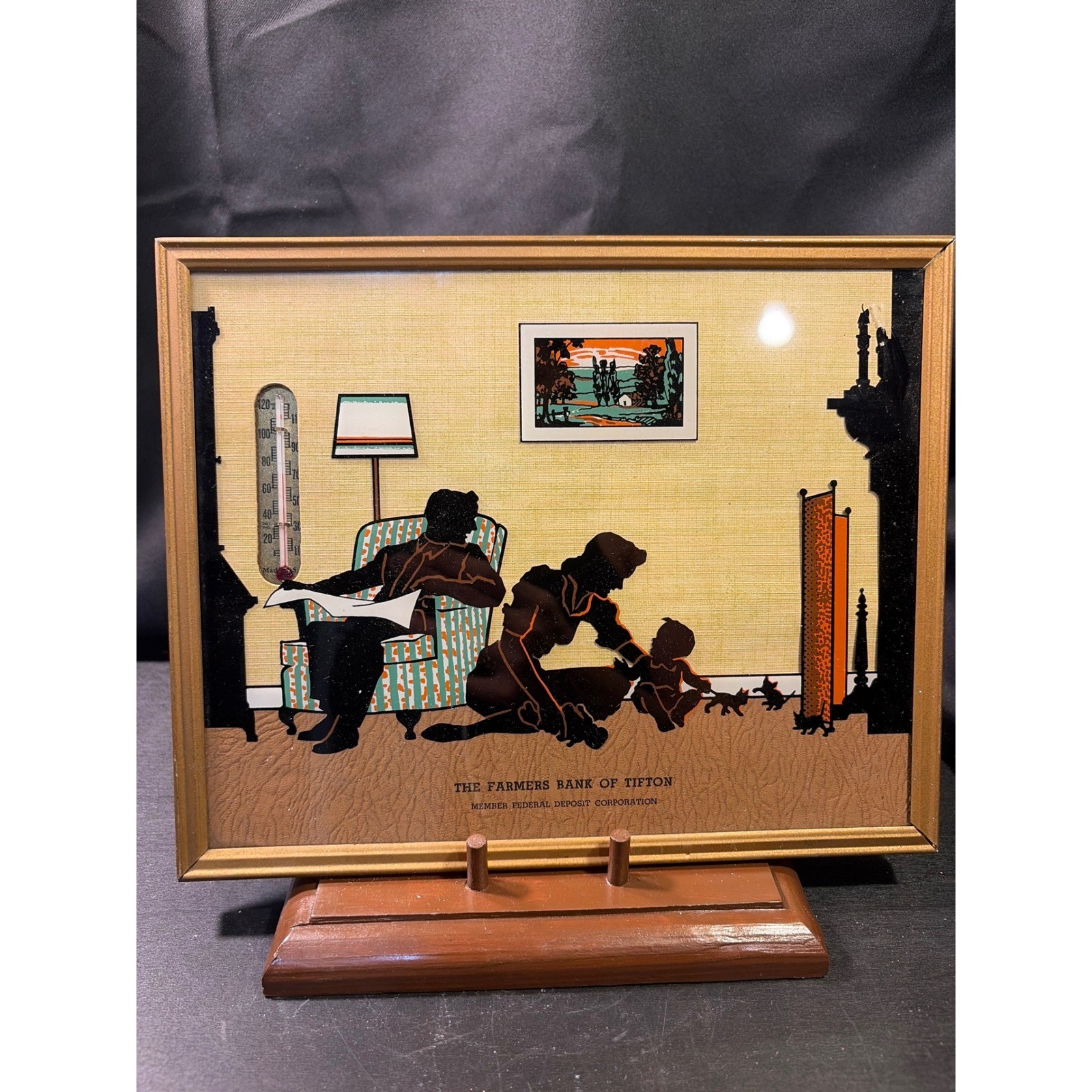 Vintage Farmers Bank of Tifton Reverse Glass Silhouette Art Thermometer Frame