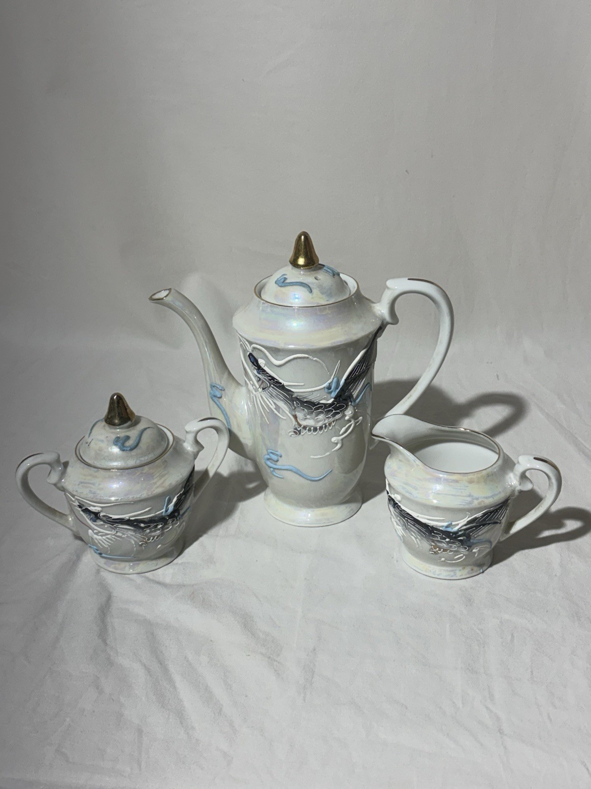 1930-50 Japanese Lucky Moriage Dragonware Lusterware Tea Set 3pc Made in Japan