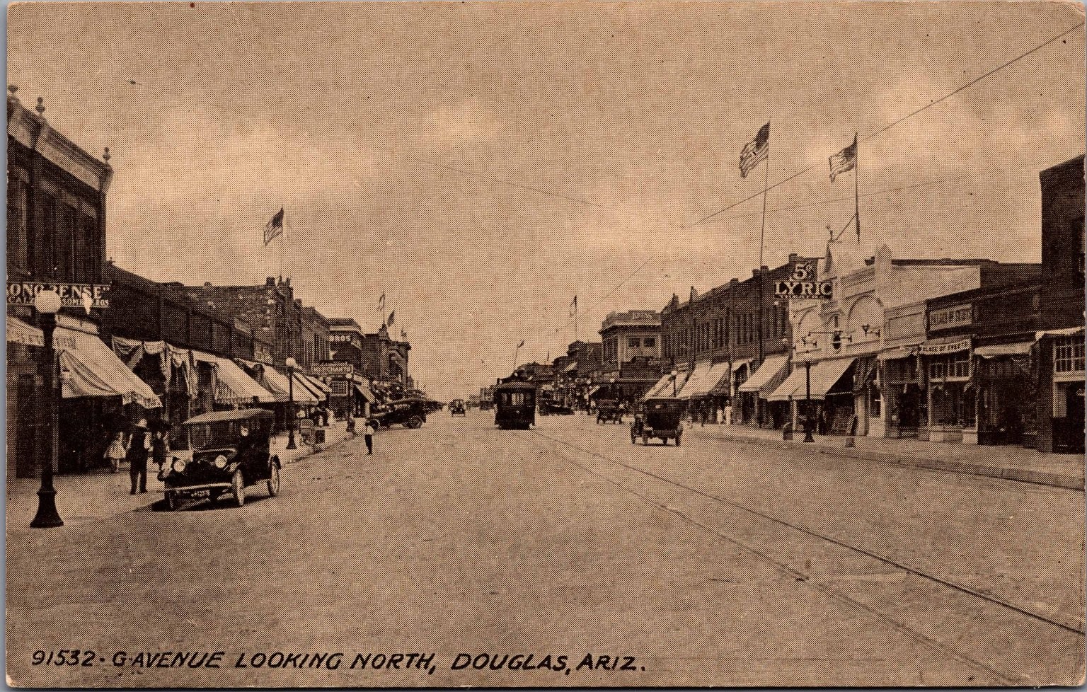 Vintage Douglas Arizona G Avenue North Main Street Cars Trolley Postcard c1910s