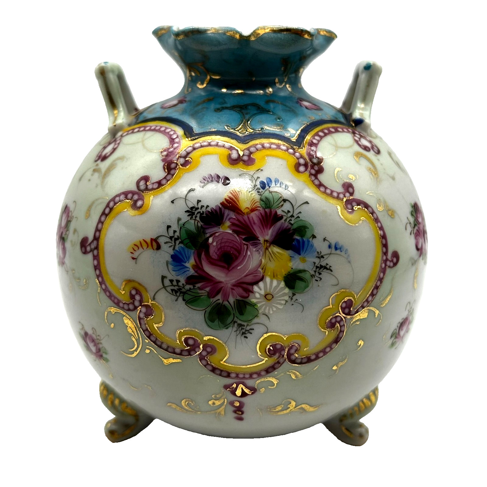 Antique Nippon Porcelain Hand Painted Floral Footed Round Ball Vase Pre 1891
