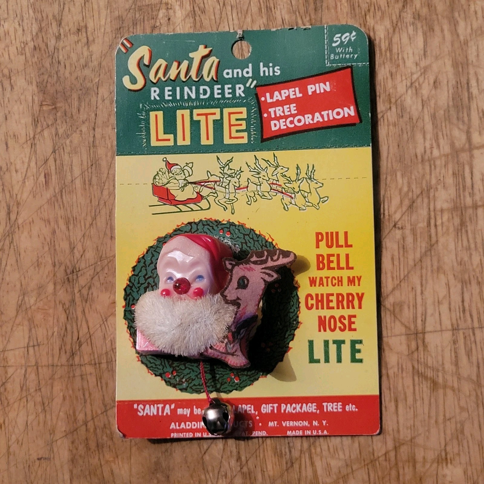 1950s Santa Claus & Reindeer Christmas Nose Light Up Lapel Pin on Display Card