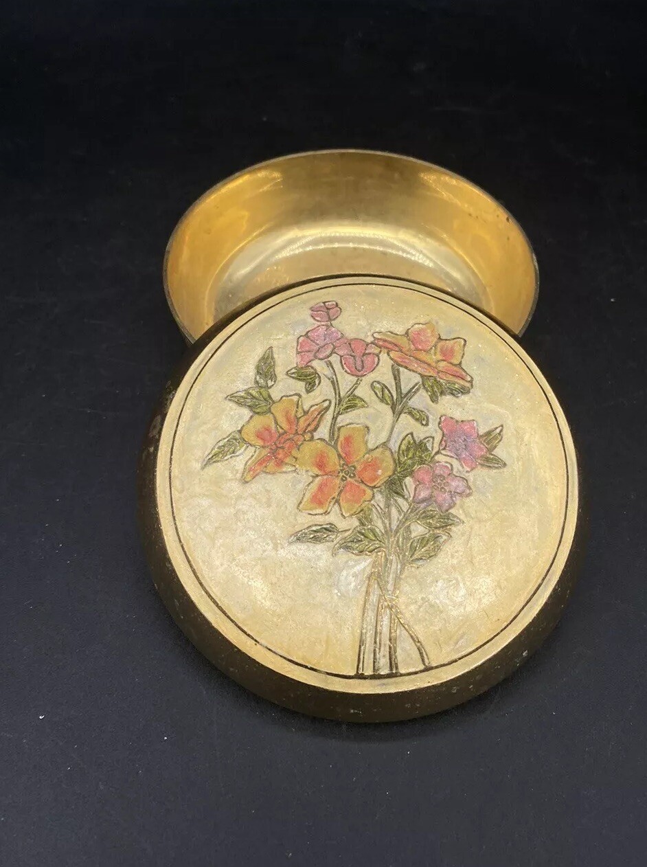 Flowers Cloisonne Enamel over Brass Trinket Round Box India