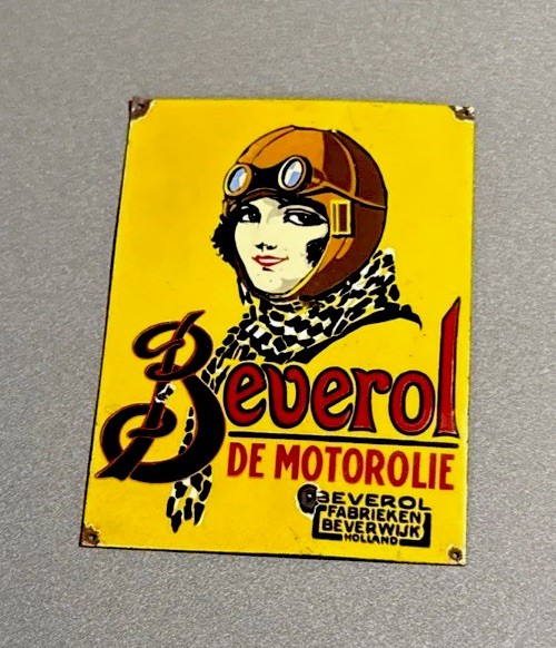 VINTAGE 12” BEVEROL MOTOR WOMEN PORCELAIN SIGN CAR GAS OIL TRUCK MOTORCYCLE