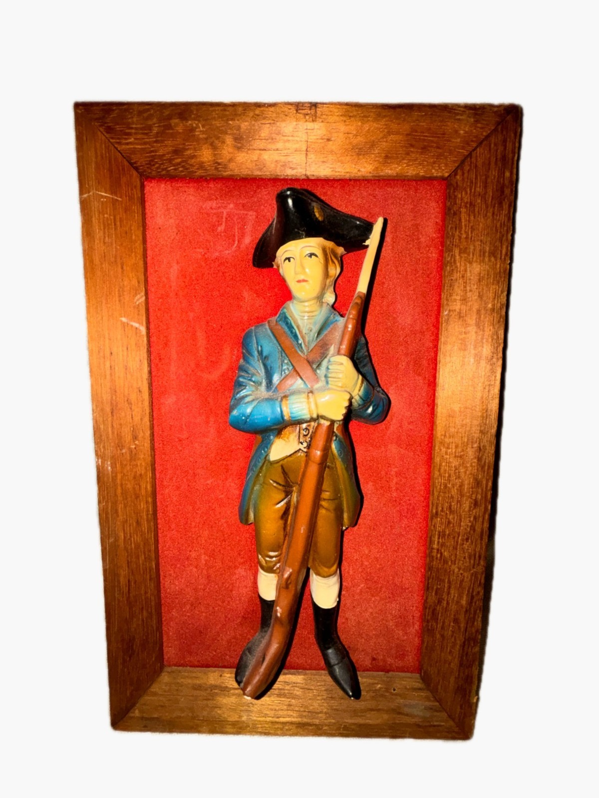 Vintage Continental Army Soldier Bisque Figurine Wall Plaque Wood Frame Red Velv