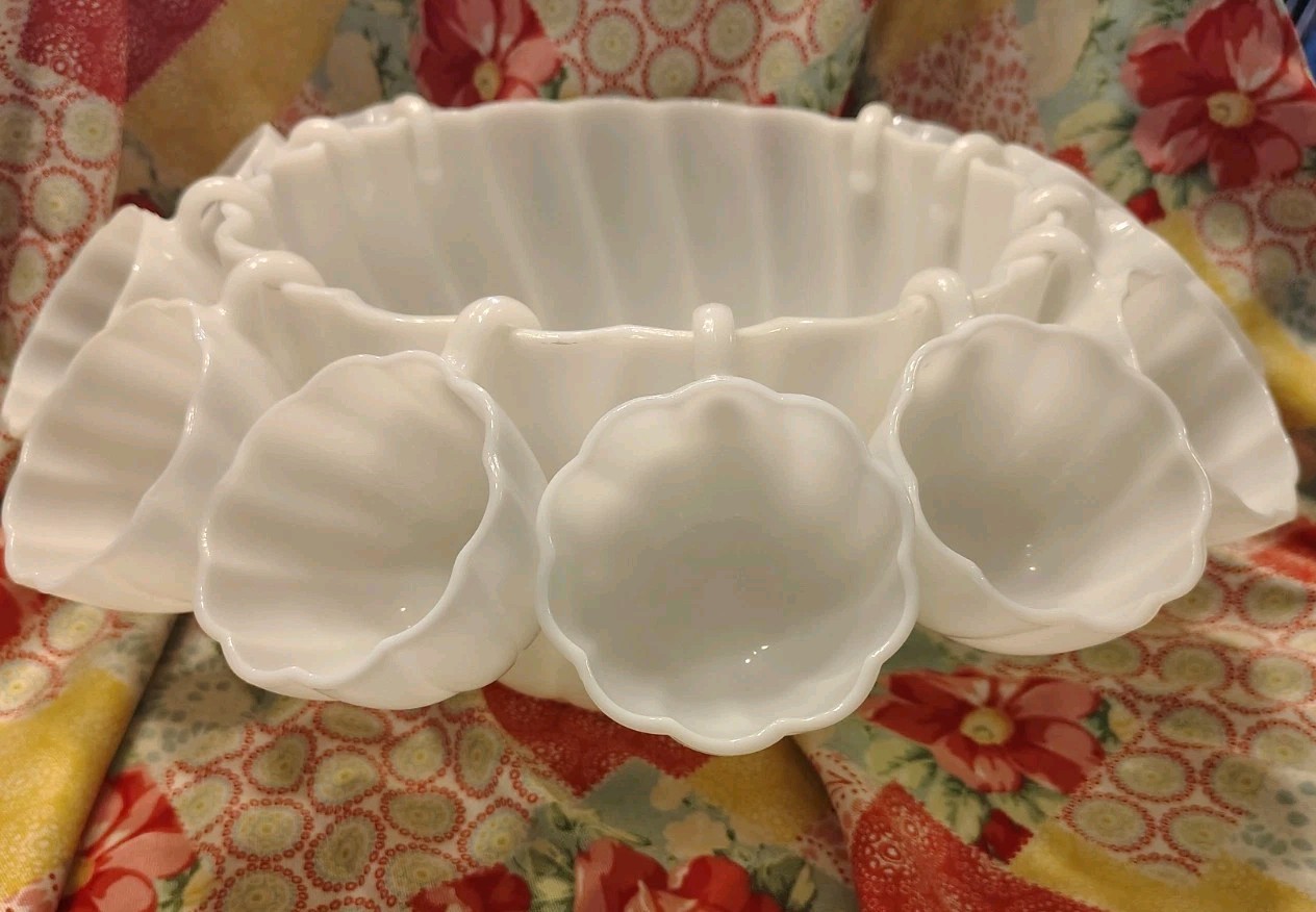 VTG 12pc Opaque Milky White Punch Bowl & Hanging Cups Set by Hazel-Atlas Glass