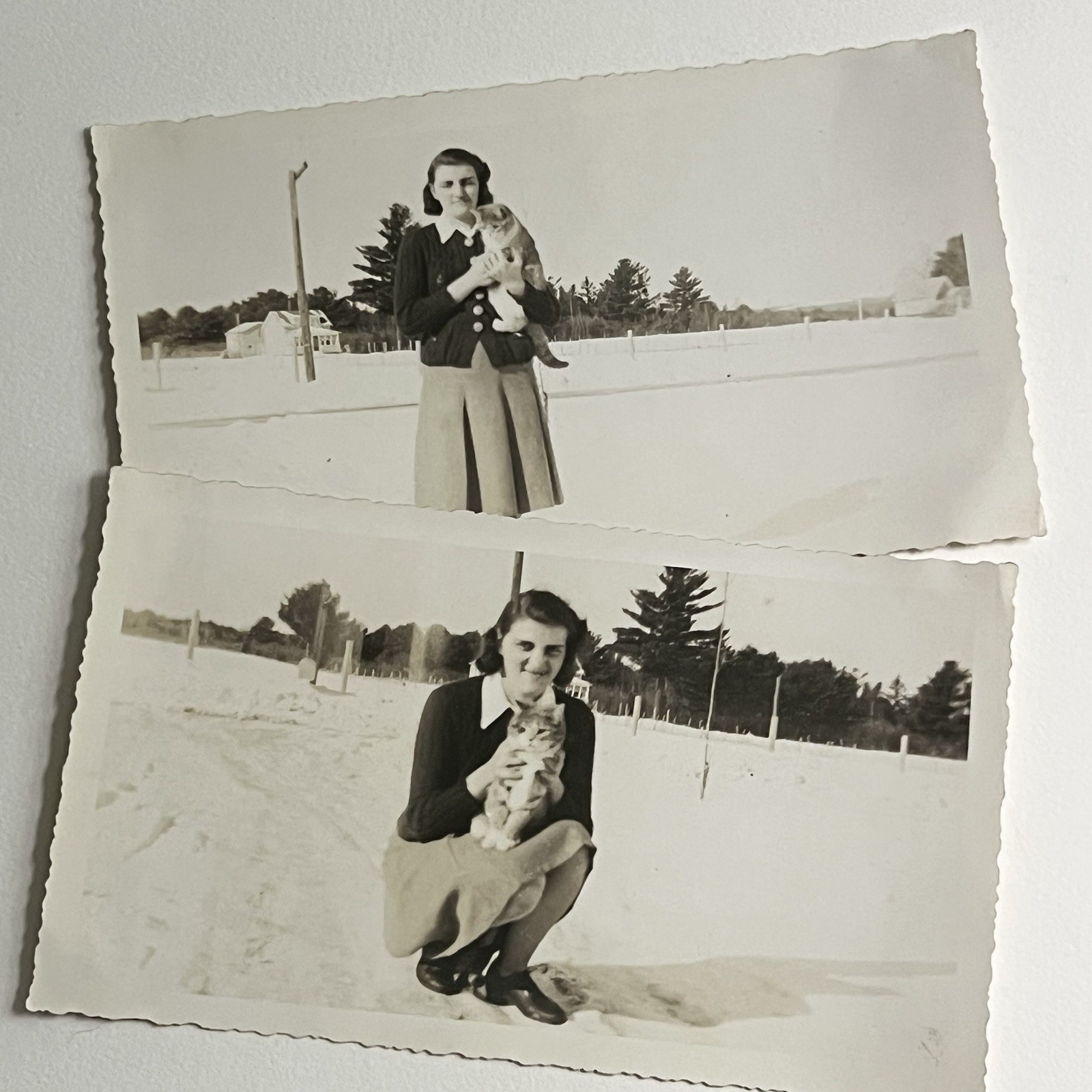 Vintage B&W Snapshot Photograph Young Woman Teen With Adorable Kitty Cat In Snow