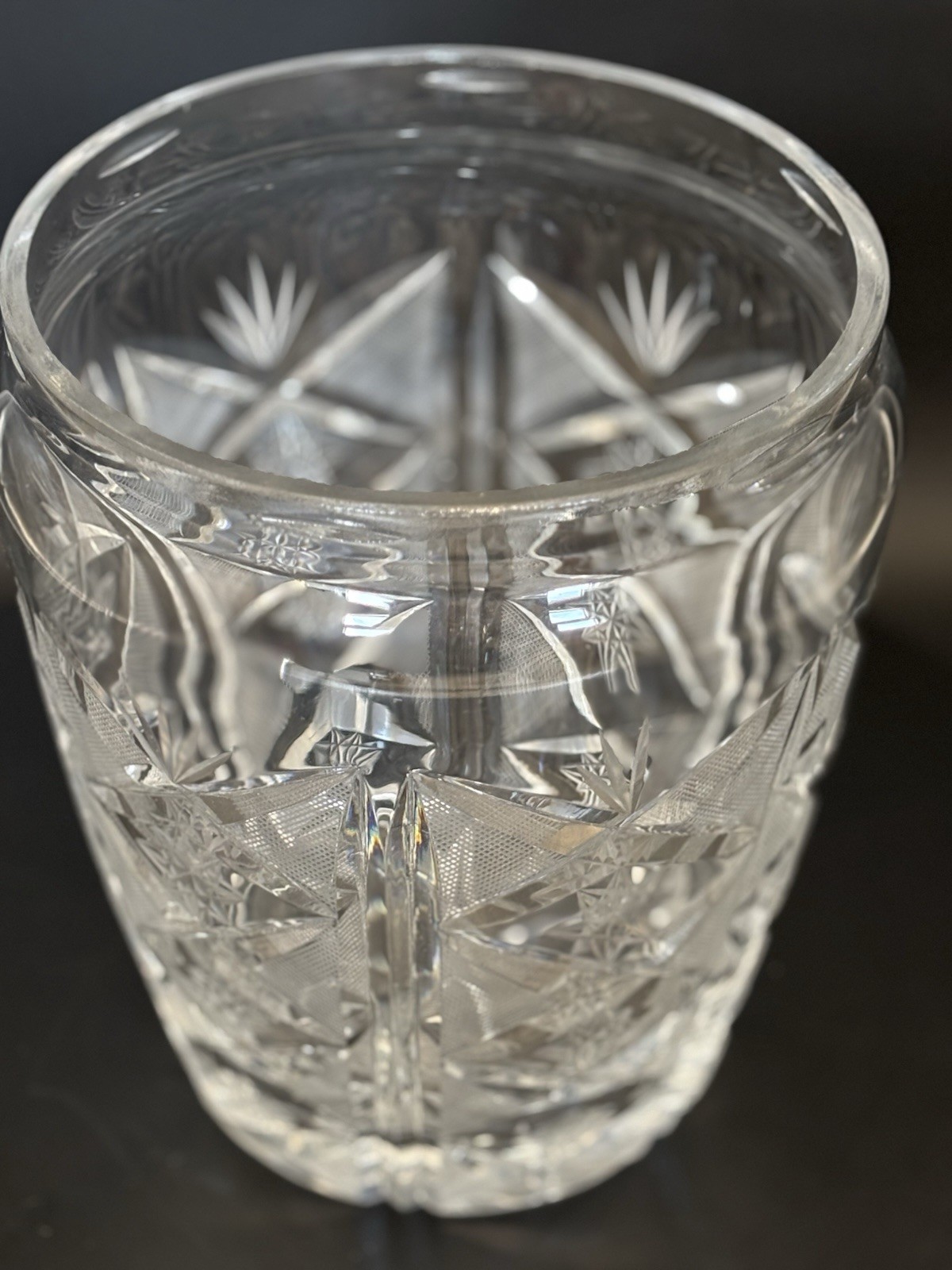 Vintage Cut Crystal Vase 9” Hobstar Fan Starburst Pattern Heavy Clear Glass