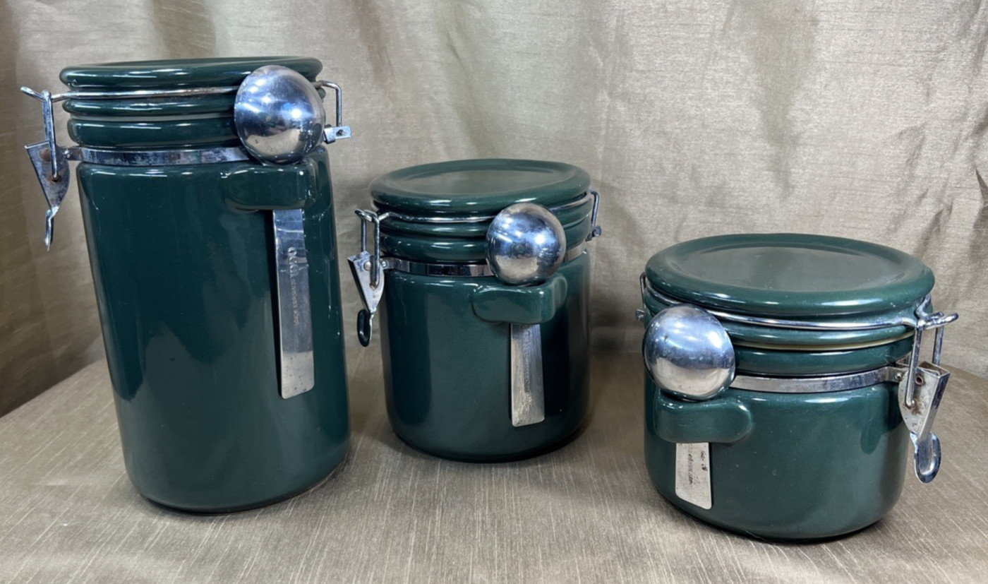 Vintage Oggi Dark Green Ceramic Canister Set Hinged Locking Lids with Spoons