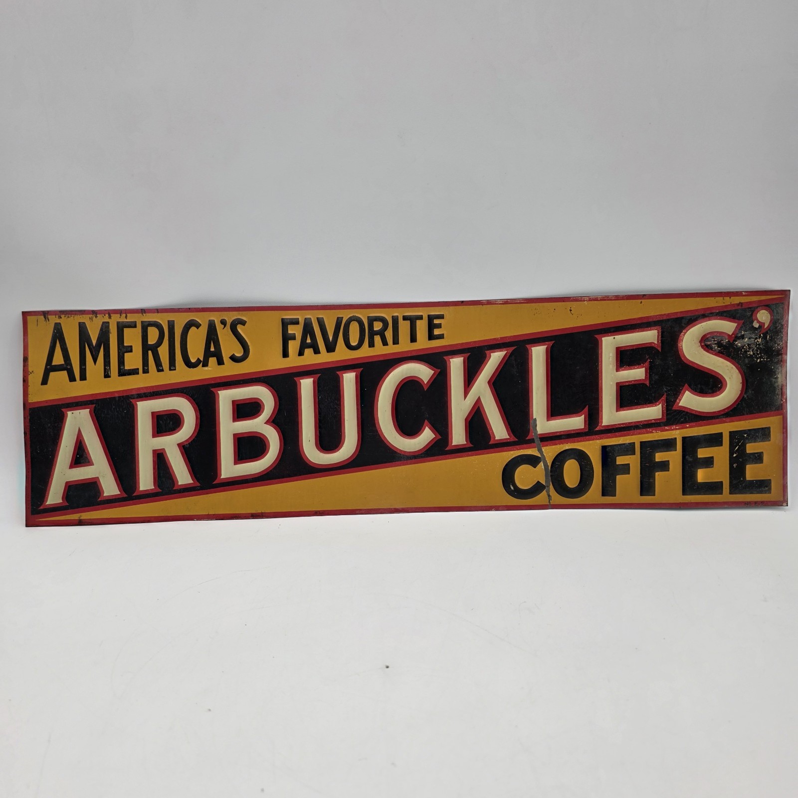 1923s  Tin Tacker Arbuckles Coffee Sign 19 1/2x 5 1/2\