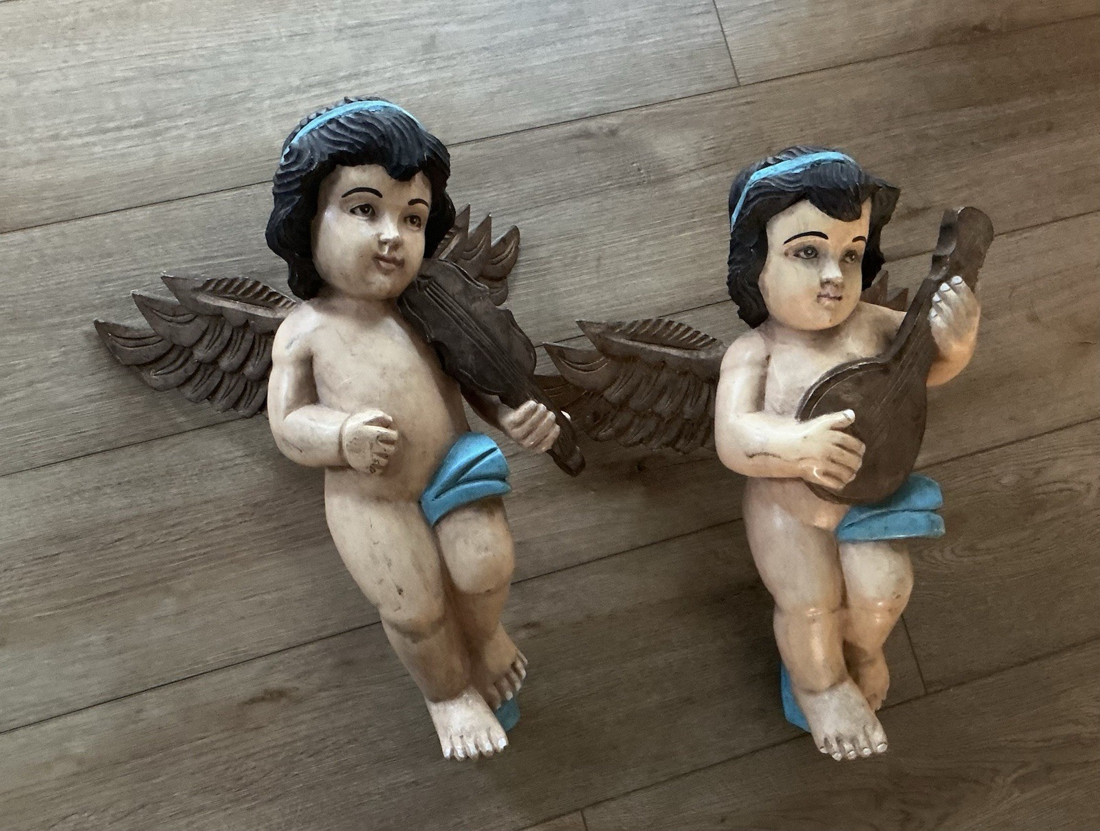 Pair 19th century Renaissance carved polychrome, wood, musical cherub sculptures