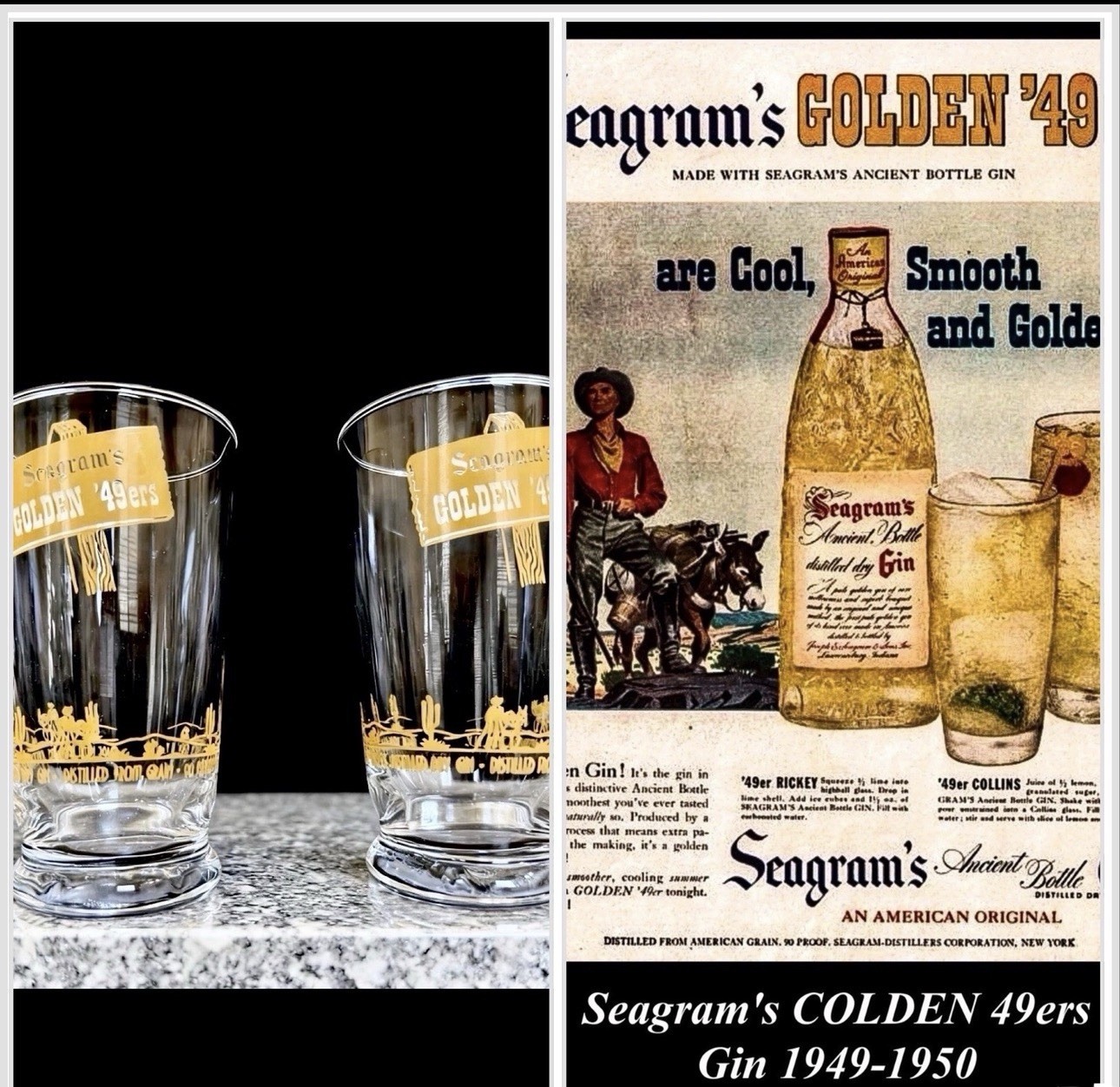 Vintage 1949 Libbey Seagrams Golden \'49ers Gin Highball Tumbler Glass SET OF 2