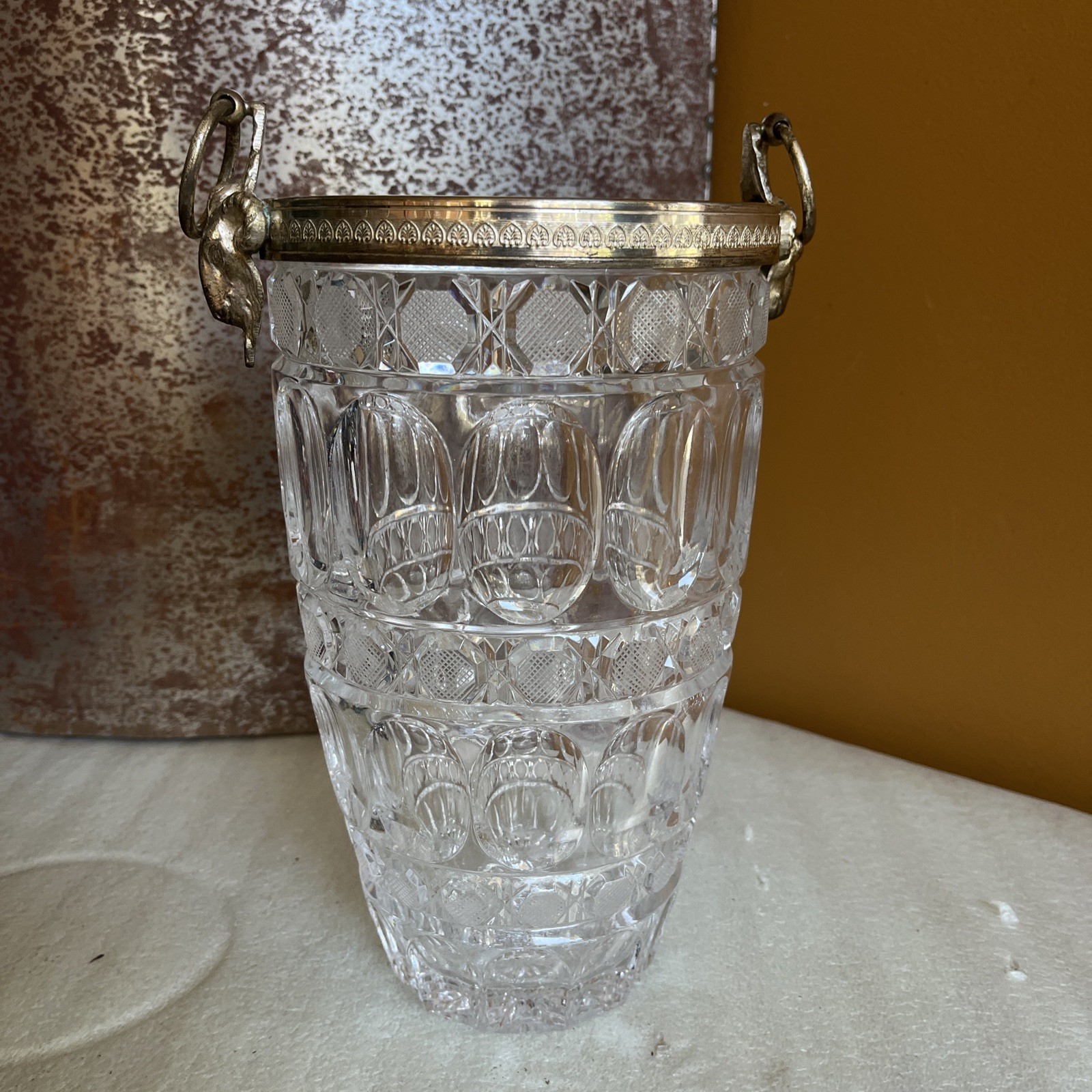 Vintage French Clear Cut Crystal & Metal Champagne Ice Bucket Ram Head Handle Vintage French Clear Cut Crystal & Metal Champagne Ice Bucket Ram Head Handle