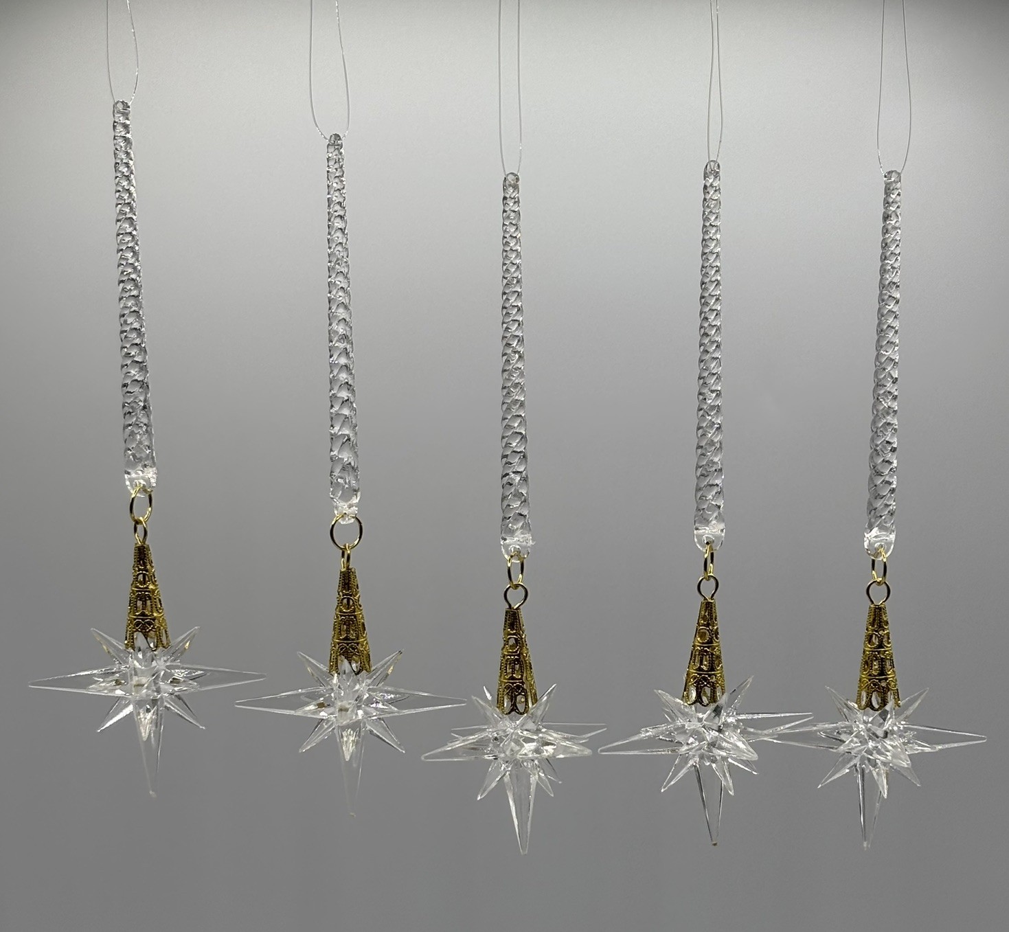 Vtg 3D Acrylic Atomic Starburst Christmas Ornaments Stars Gold Accents Lot Of 5