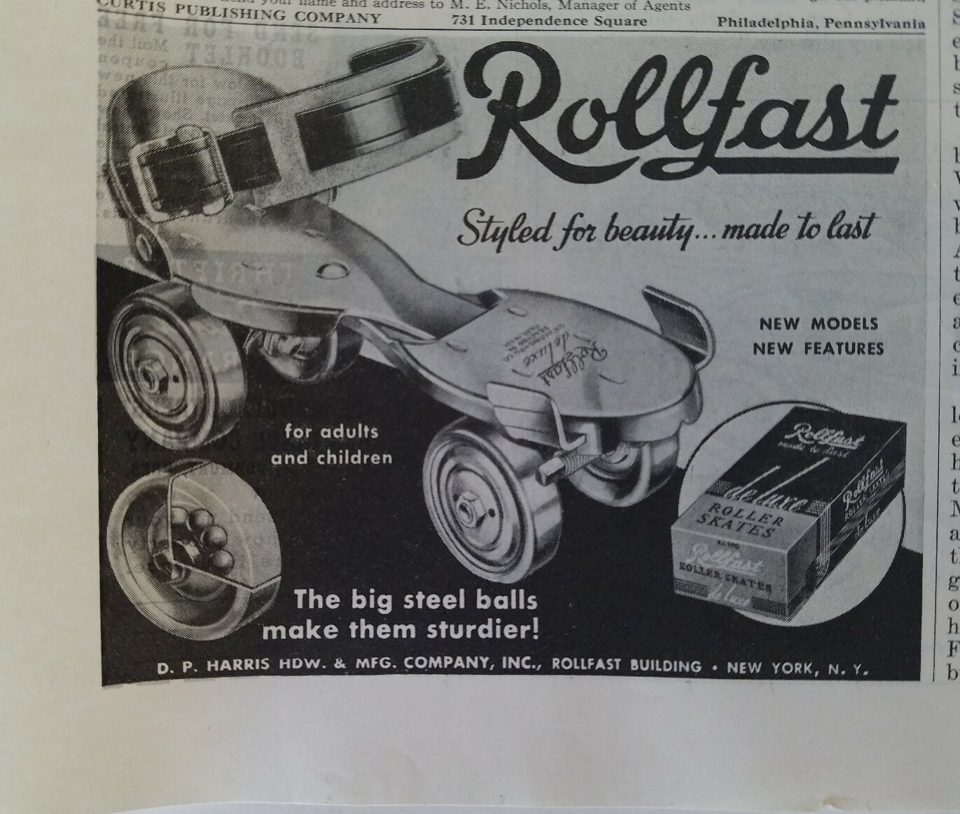 1939 Rollfast roller skates big steel balls make sturdier vintage skating ad