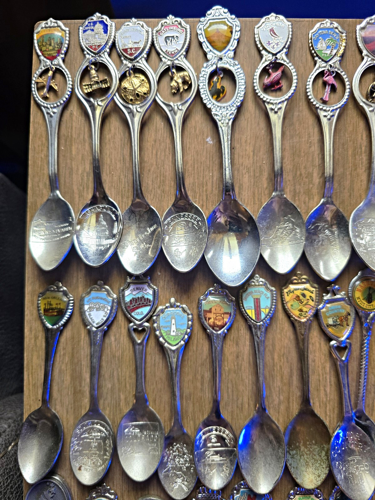 Vintage Travel Souvenir Spoon Lot, 67 Enamel Shield Tops, Silver Tone Metal