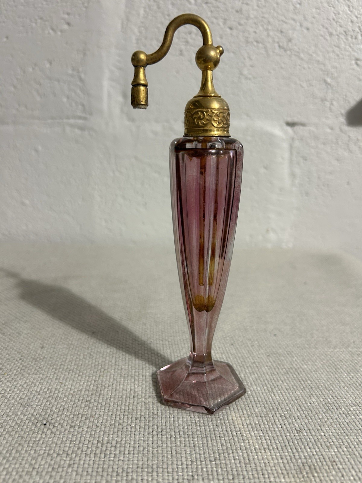 Vintage Pink Glass Perfume Atomizer 6” Ornate Brass Fluted Art Deco Missing Bulb