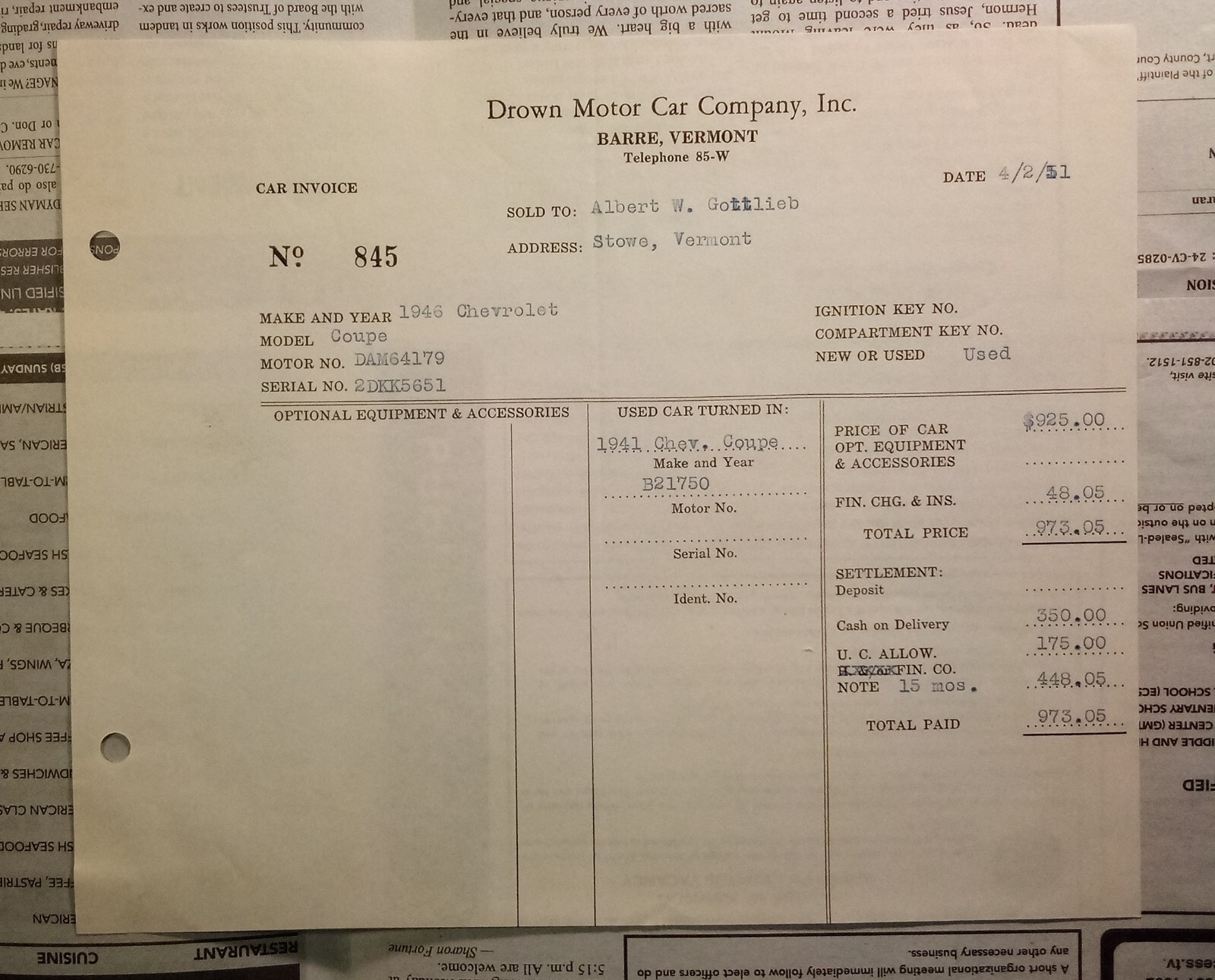 1951 Drown Motor Car Co Barre Vermont Receipt 1946 Chevy Coupe