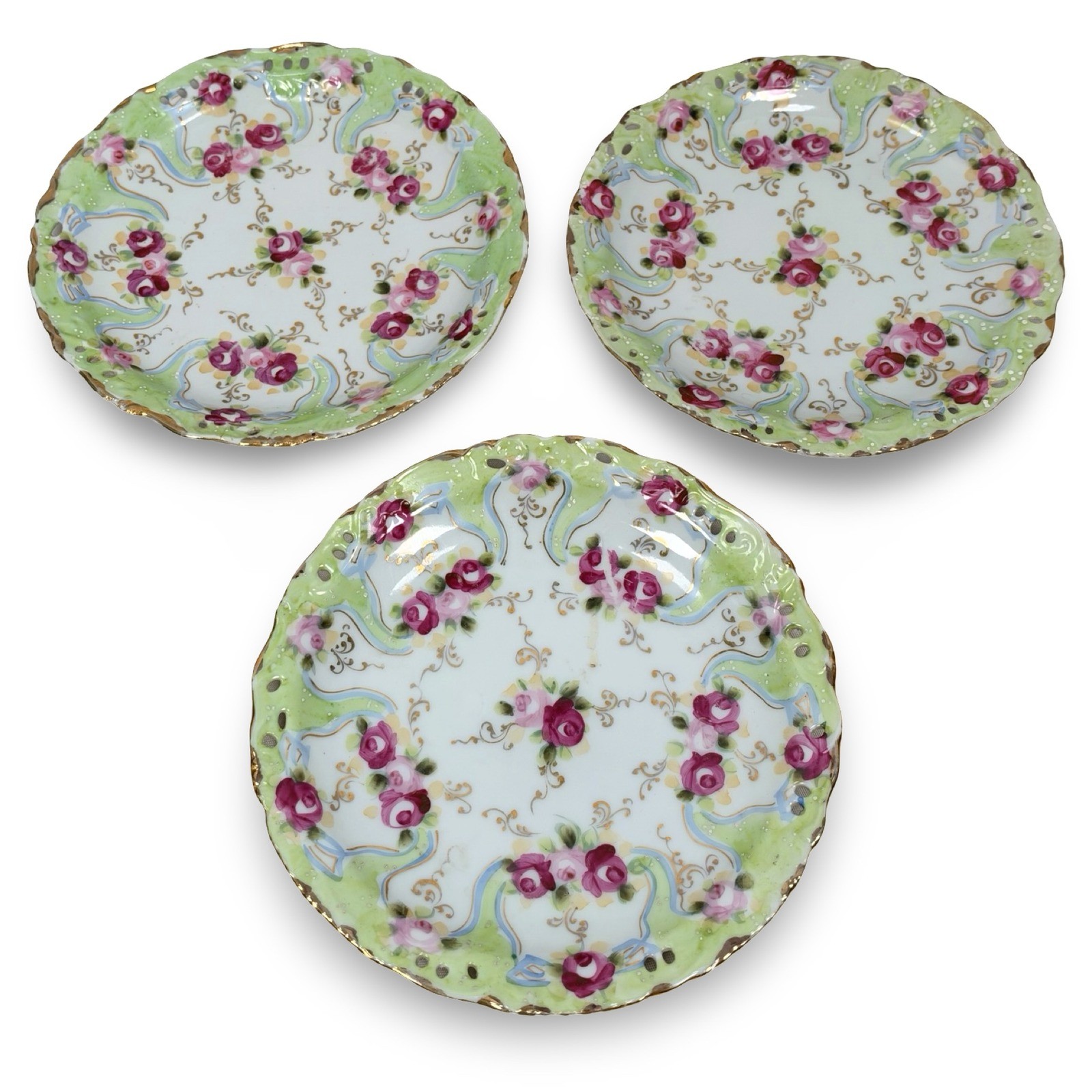 Antique Nippon Hand Painted Floral Rose Pierced Plate Set 3 Cherry Blossom 1800s
