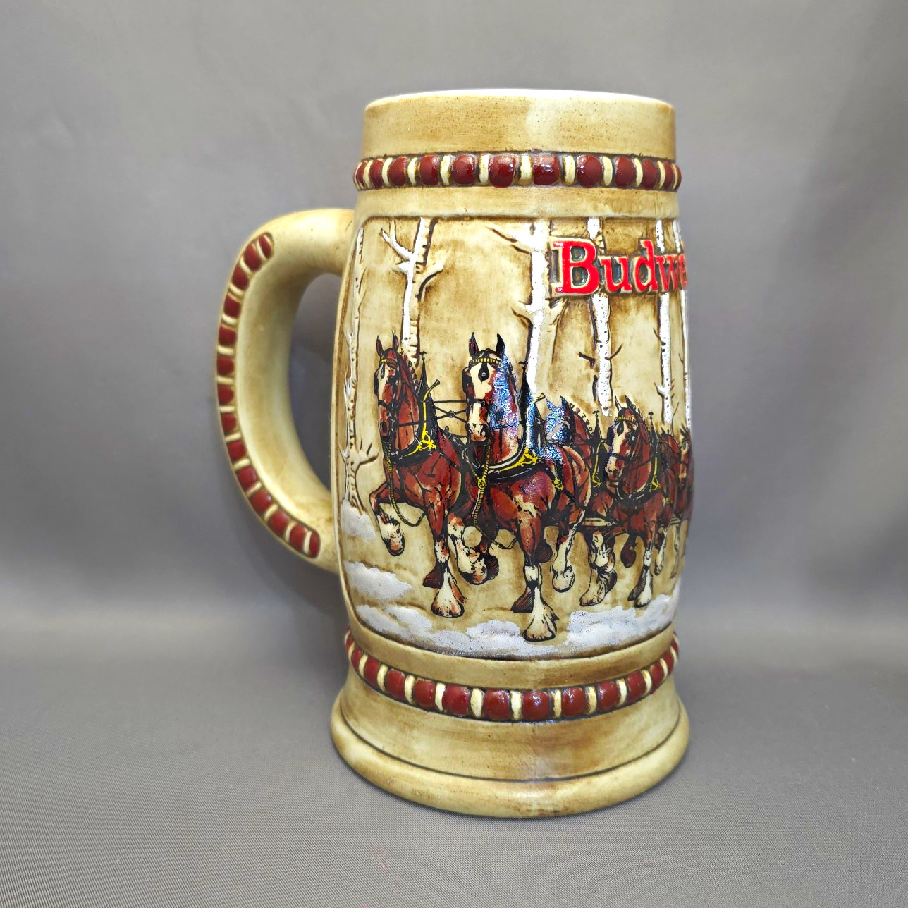 Budweiser 1981 Holiday Beer Mug Stein Snowy Woodland Clydesdale Ceramarte Brazil