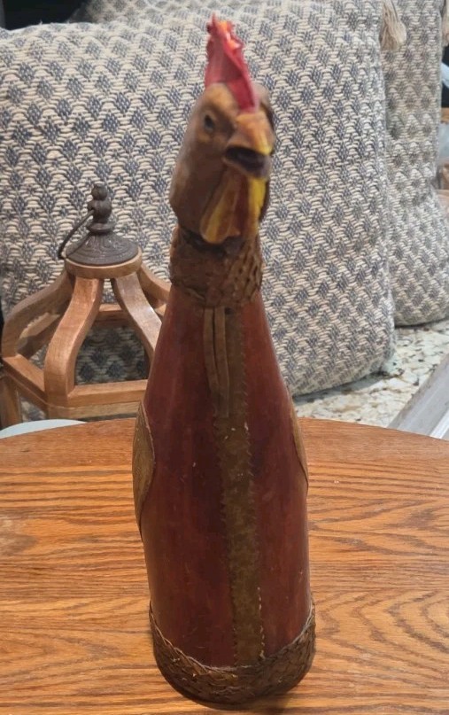 vintage Italian leather-wrapped rooster decanter bottle.