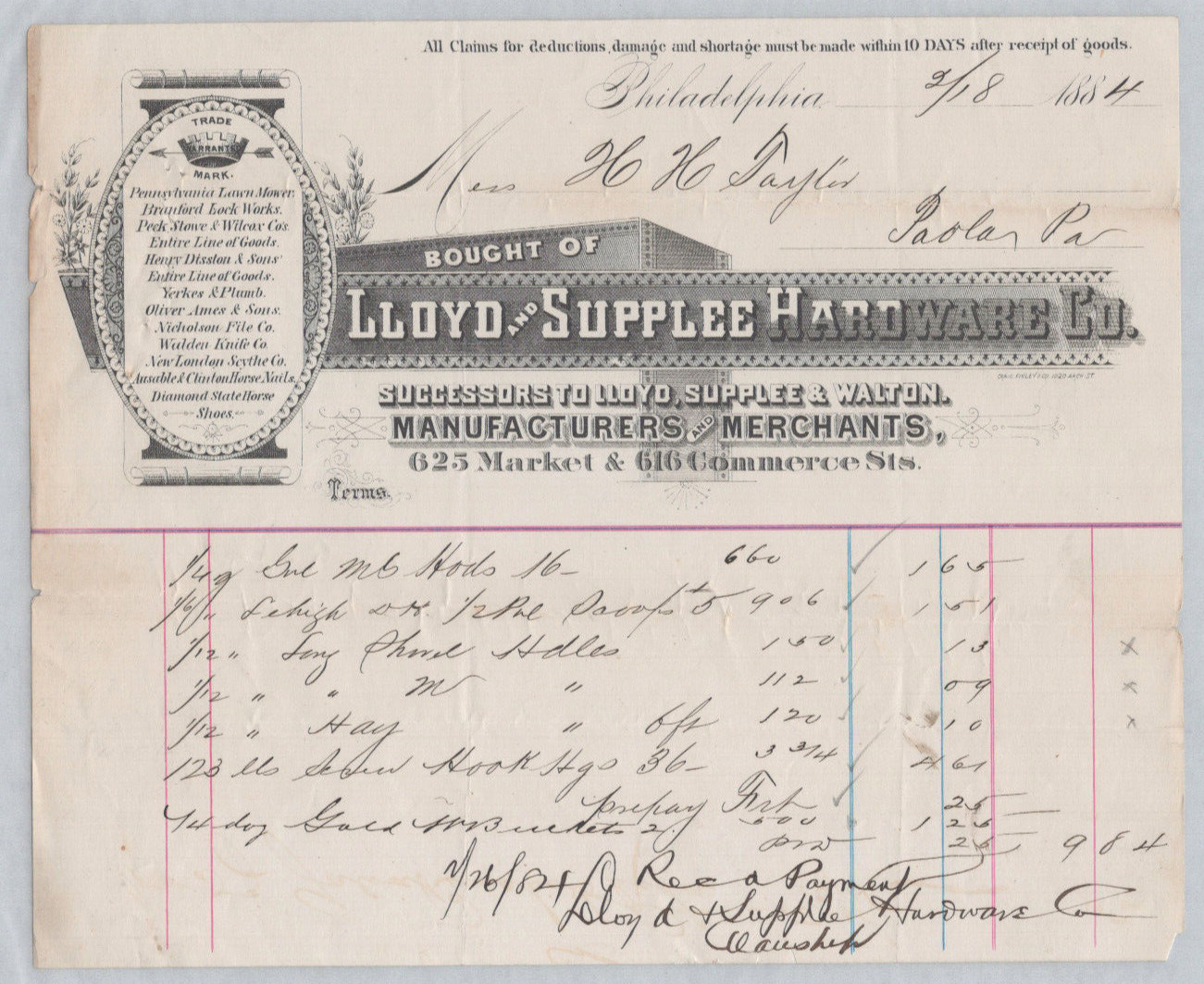 1884 Lloyd & Supplee Hardware Philadelphia Receipt Bill