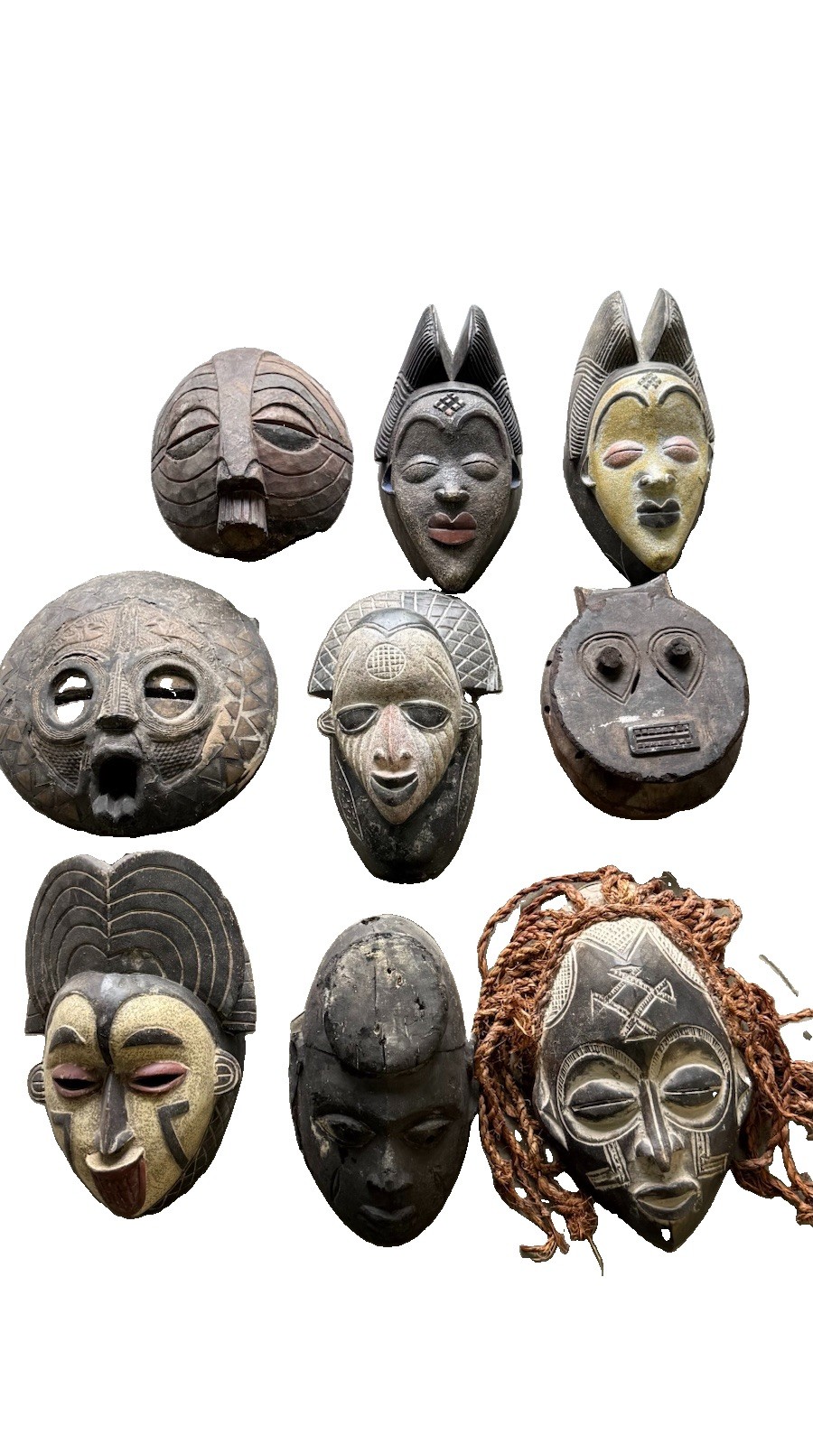 Lot of 9 African Style Hand Carved Wood Masks Tribal Wall Art Decor Collection