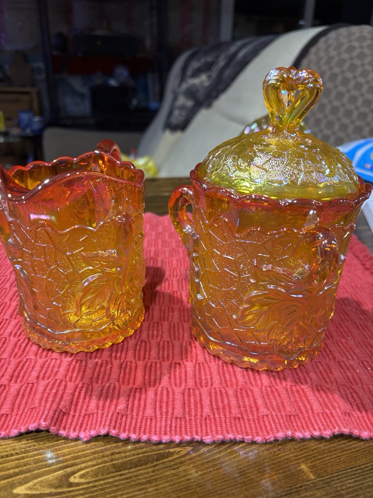 VTG Mosser Marigold Glass Creamer & Sugar Maple Leaf Pattern NEW Condition