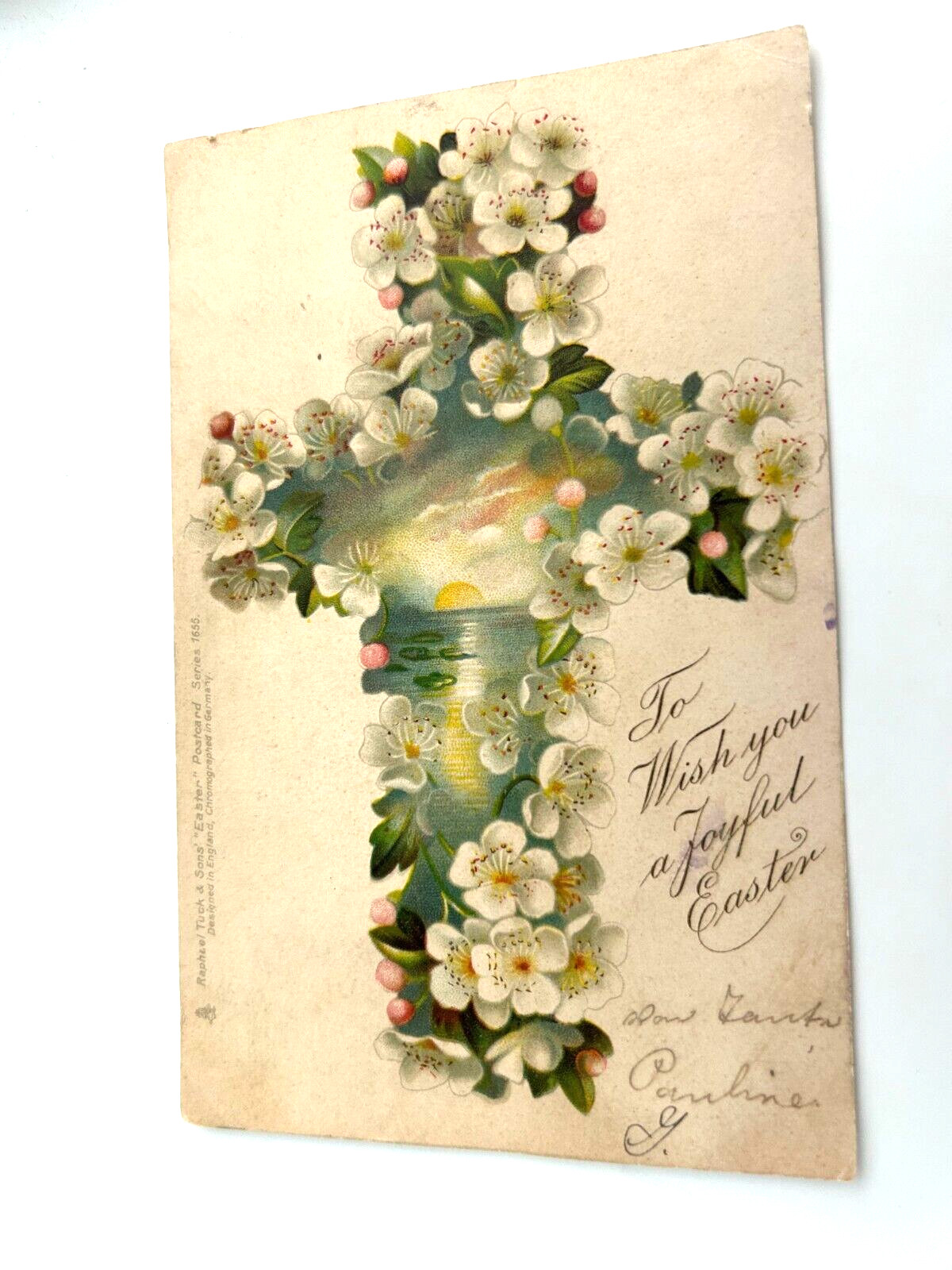 To Wish you a Joyful Easter Vintage Postcard Floral Cross Theme