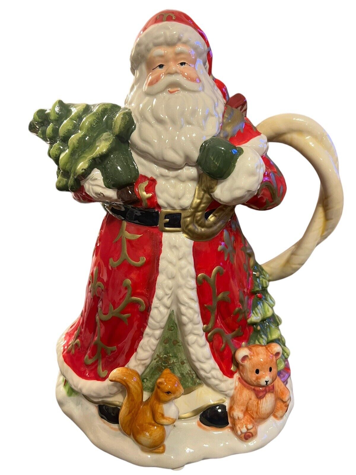 Beautiful Santa Claus Pitcher Christmas Tree Squirrel Teddy Bear  11” Tall Vase