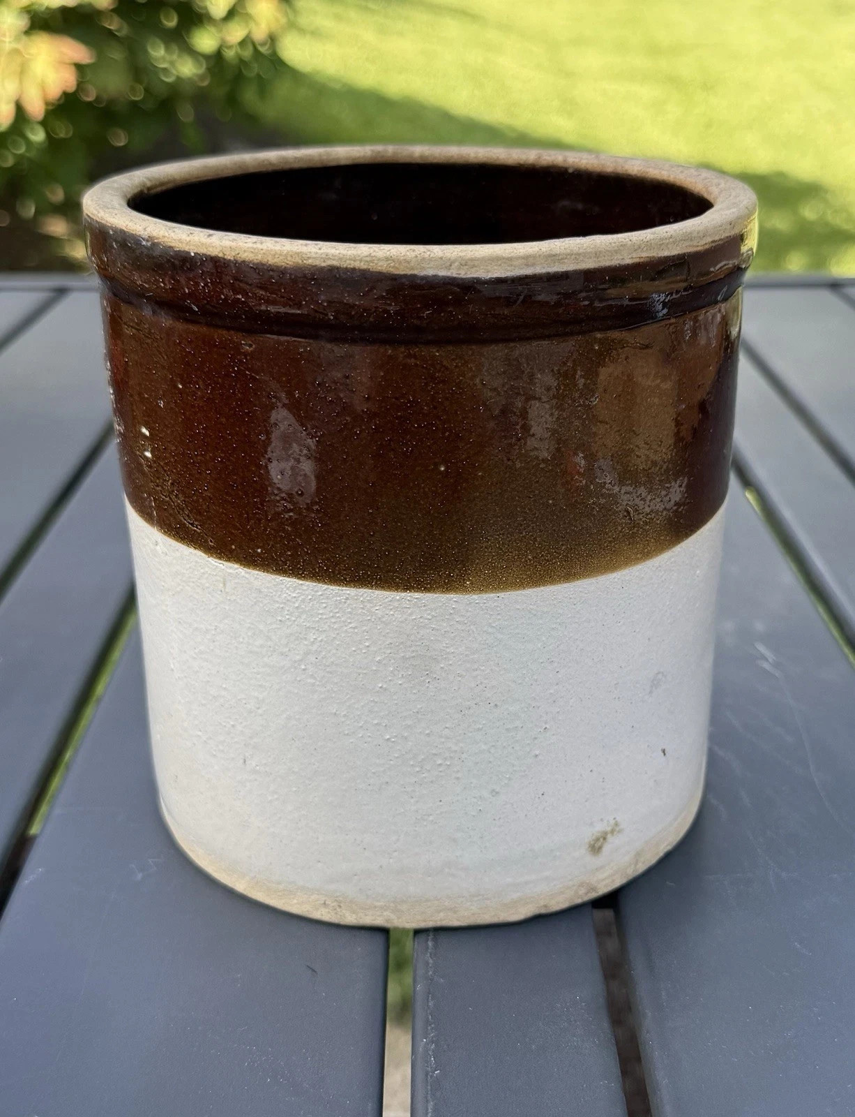 Antique Stoneware Small Crock Two-Tone Brown/Beige Farmhouse 6\