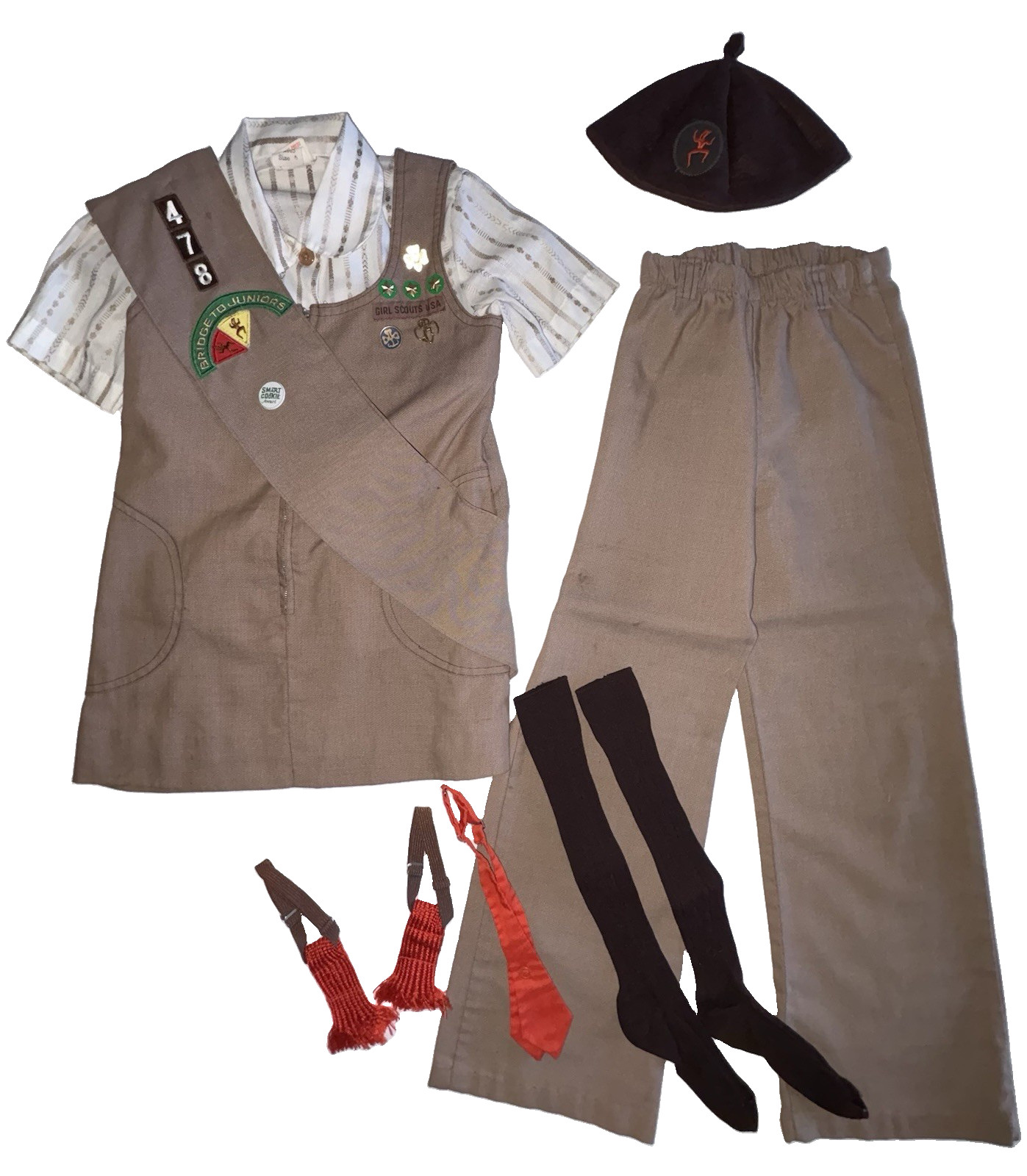 Vtg 1970's Brownie Girl Scout Uniform Sash Patches Pins Beanie Tie Blouse Pants Vtg 1970's Brownie Girl Scout Uniform Sash Patches Pins Beanie Tie Blouse Pants