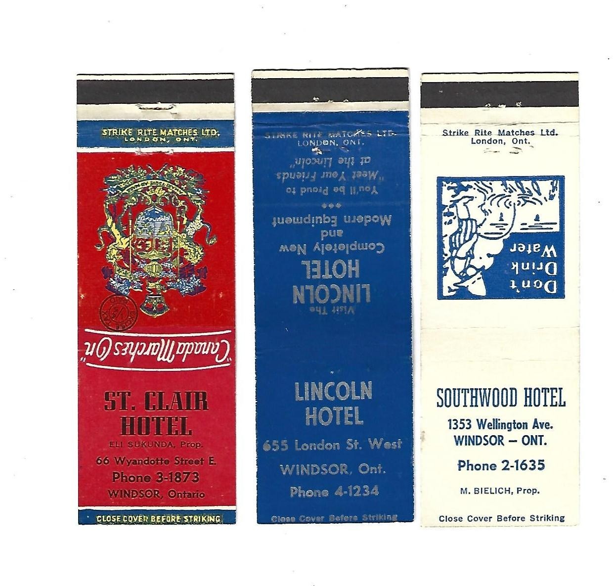 3 Windsor, ONT. Hotel  Matchcovers  Southwood - Lincoln - St. Clair