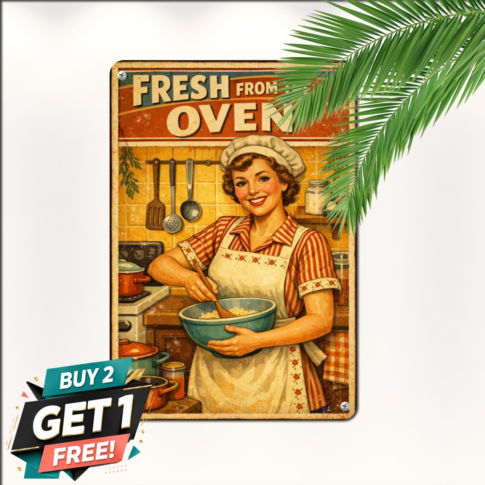 Vintage 1950s Baker Woman Poster Plaque Retro Kitchen Metal Tin Wall Sign